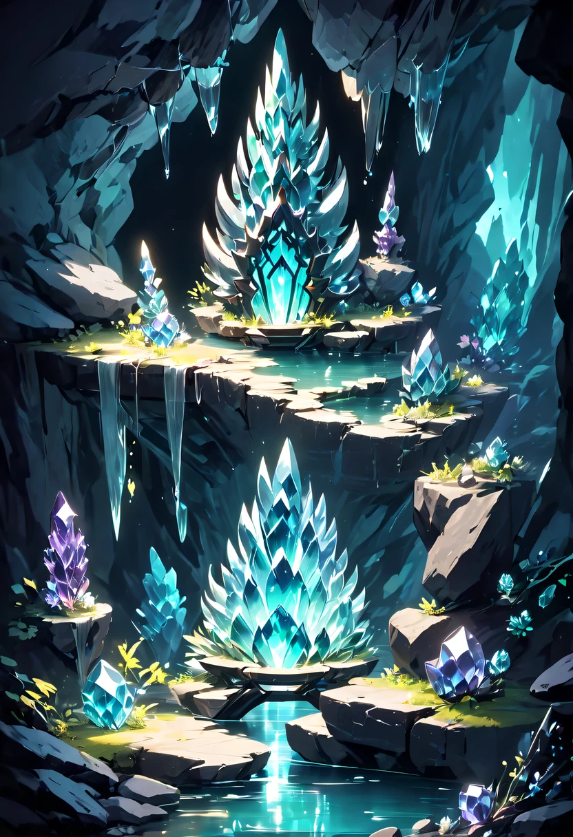 Fantasy cave walls made of mineral crystals，covered with precious crystals, crystal cluster，subsurface, exploration, Stibnite crystals，Glowing crystal, fluorite crystal,associated mineral crystals , Enigmatic Atmosphere, Sparkling crystals, Natural Crystal, sparkling reflections, underground lake, Hidden treasure, mineral structure，(Best quality，ultra - detailed，Best Best Illustration，The best shadow，tmasterpiece，A high resolution，），hyper realisitc，