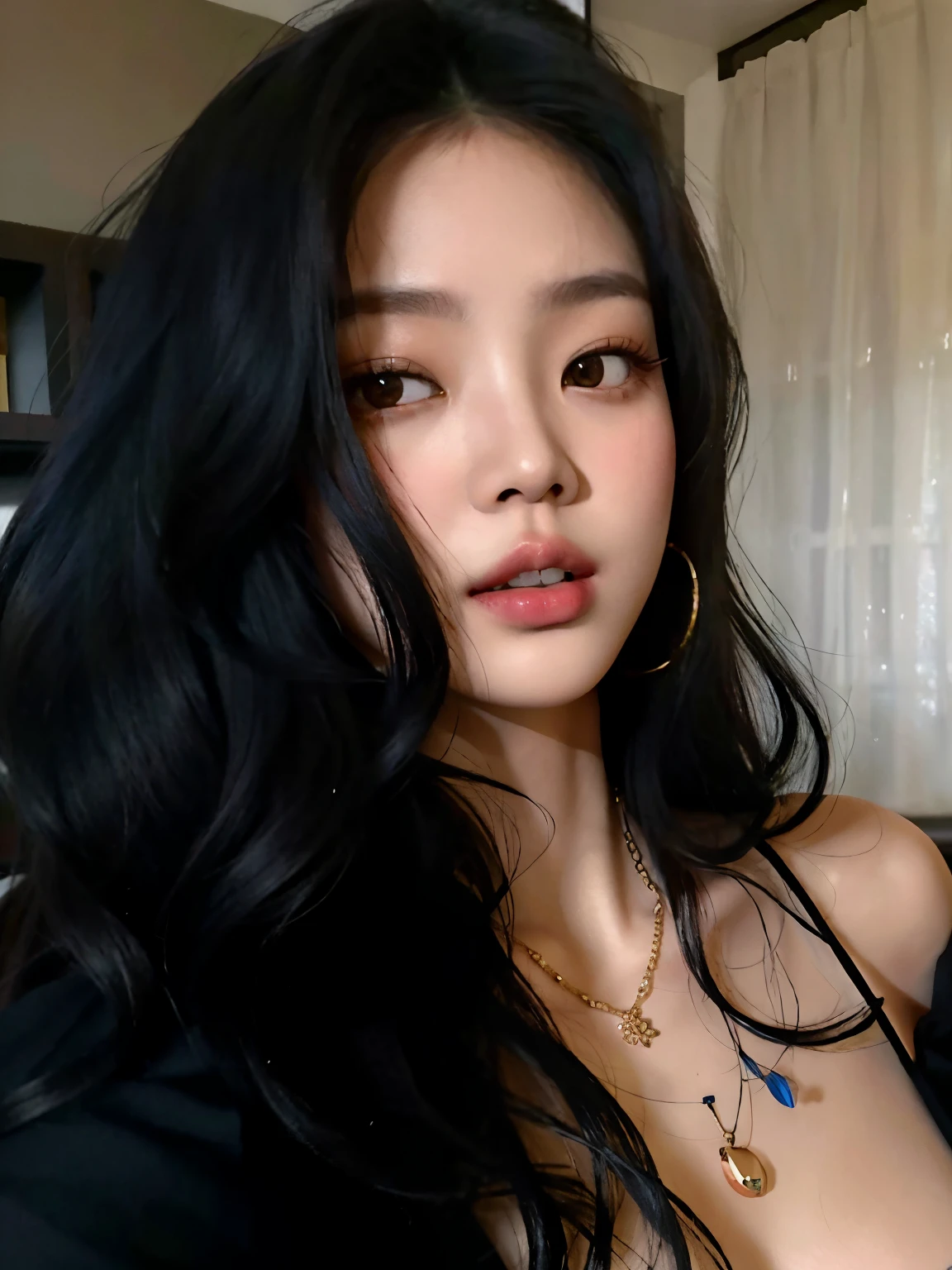 um close up de uma mulher com longos cabelos pretos e um colar, a young asian woman, south east asian with round face, Asian girl with long hair, an Asian woman, ondulado longo - comprimento cabelo preto, Beautiful Asian girl, Asian face, cabelo preto ondulado, detailed face of a asian girl, asian beautiful face, cabelos pretos longos ondulados, linda mulher coreana jovem big boops, boops, Jennie blackpink, jennie, jenni bp, olhos bonitos, peitos grandes
