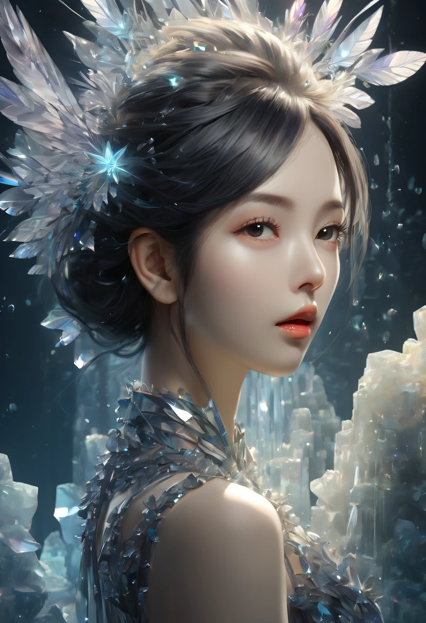 Fantasy cave walls made of mineral crystals,covered with precious crystals, crystal cluster,subsurface, exploration, Stibnite crystals,Glowing crystal, fluorite crystal,associated mineral crystals , Enigmatic Atmosphere, Sparkling crystals, Natural Crystal, sparkling reflections, underground lake, Hidden treasure, mineral structure,(Best quality,ultra - detailed,Best Best Illustration,The best shadow,tmasterpiece,A high resolution,),hyper realisitc,(multiple exposure:1.5)