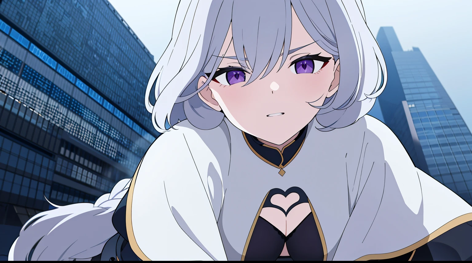 （（tmasterpiece：1.4, Best quality at best））+, （hyper-detailing）+, （Delicate purple eyes：1.5）+, （Detailed ears：1.5）, （cute girls）, （The shirt，White stockings，long  skirt：1.5）, Tight white silk, Long hair details, long braid，no headwear，（Black flowers：1.2）, pale-skinned, （Yellow cloth：1.5）, （Black boots：1.4），Surrounded by huge black trees, The whole city  shrouded in thick fog,Mechanicalweapon， Slim pants ，Giant black crystals are scattered throughout the city，Looking up at tall buildings from the street，Flying dust，（warriors：1.1）, （dawn light：1.2）, ）, （closeup cleavage：1.1）, the only person, bell, bright gray hair, hair covering one eye, V-shaped eyebrows, Gloom (expressed), from back, from below, Best quality at best, A high resolution, high detal, high high quality, 16k