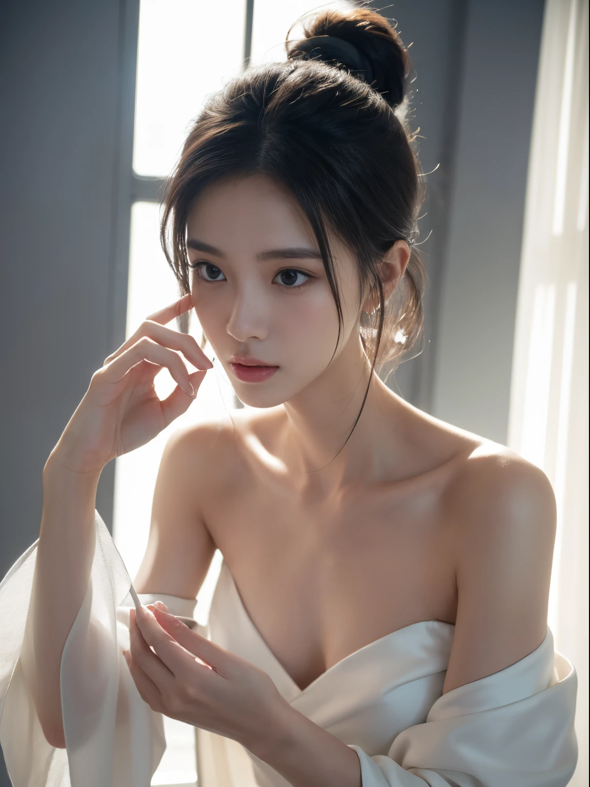 (Photorealistic),(Masterpiece),(ultra-detailed),a really close shot of very pretty tall idol girl but so busy that she had starved for a month so very close to fainting but somehow stays bright for her fans and has extremely thin and feeble and small body which are just bones and thinner than sticks and she is wearing a white loose silk dress,ghostly appearance because of thinness but beautiful