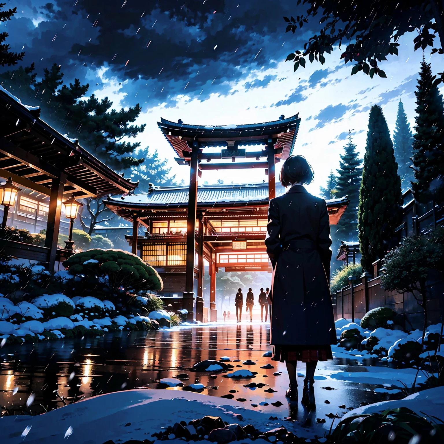 ((masterpiece)), ((top-quality)), (hight resolution), (extremely detailed CG unified 8k wallpaper),(Near and far law),(beautiful night scene:1.4),(projected inset),(((very dark background))),depth of field,(Midnight:1.4),midwinter,(cloudy ash sky:1.2),(Detailed Shinjuku Gyoen National Garden), (In the midst of falling snow:1.4),(from behind),((Chilling Wind)),(Large snow:1.4),((Wear a long coat)),(Standing in the detailed Shinjuku Gyoen National Garden 1.4),TOKYOcty,Shinjuku,Shinkai Makoto style,(Garden of Words:1.3),(Loud shouting gesture:1.4),((Put your hands on your chest)),Black pantyhose,((Detailed distant cityscape)),Residential area,condominium,apartament,looking at the city,serene ambiance.(Pixie Cut),Hair in the ears,Profile of the character,1 cute high school girl,(large full breasts:1.2),Cute Uniform,Long skirt with red plaid pattern,sleeveless,Photorealsitic,Background Focus,Panoramic shooting,f/2.8,35m,Beautiful lighting,光线追踪