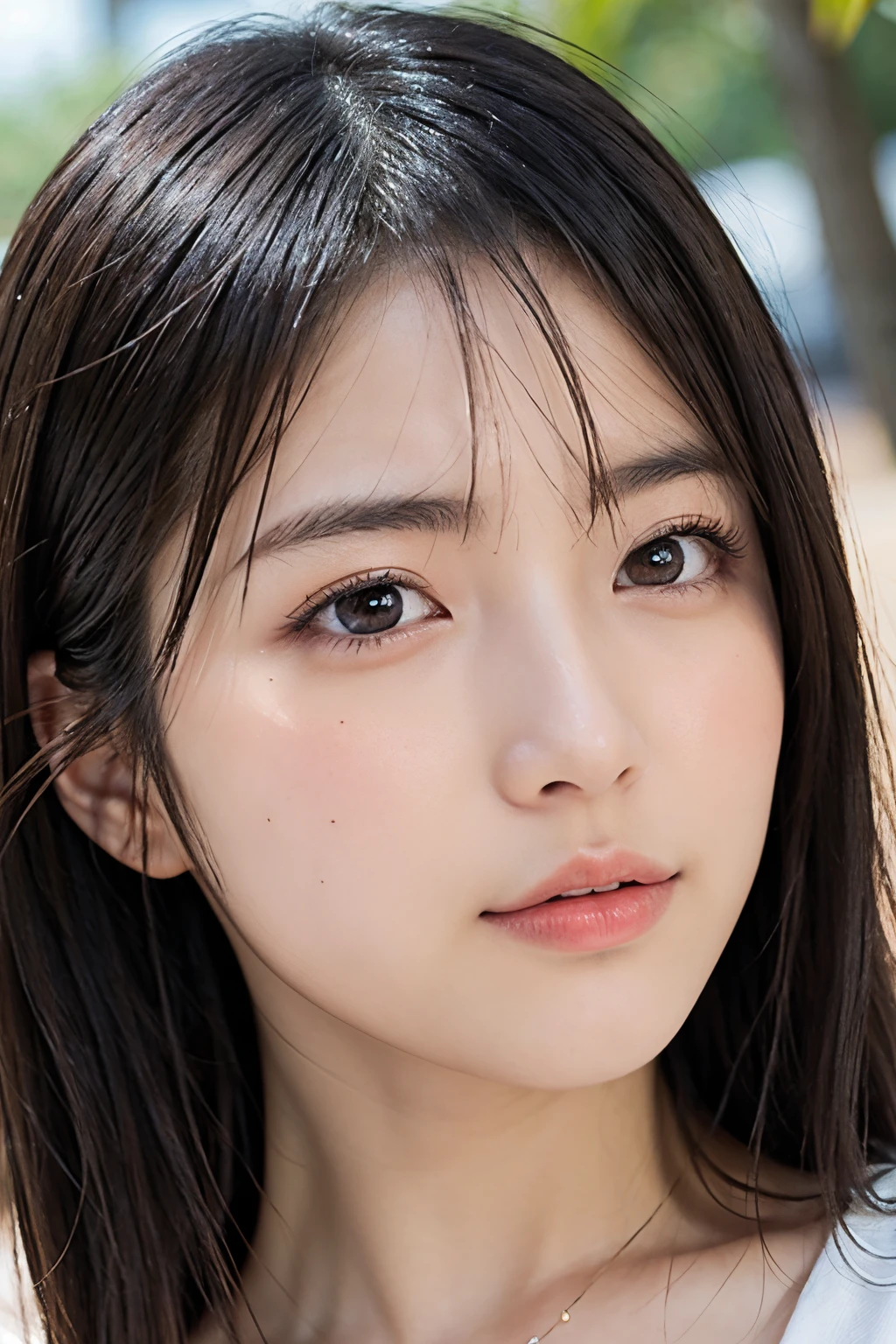 1girl, Japanese, beautiful, cute, Japanese idol face, droopy eyes, thin eyebrow, (((wide eyes,)))Japanese idol hairstyle, shiny flaxen hair, high detail, Background blur, huge breasts, short-cut, ​masterpiece, ultra detailed photorealistic, high resolution, Detailed RAW color photo, extremely delicate and beautiful, high detailed, 8k wallpaper, extremely detailed eye, high detailed skin, highly detailed hair, highly detail lips, perfect anatomy,