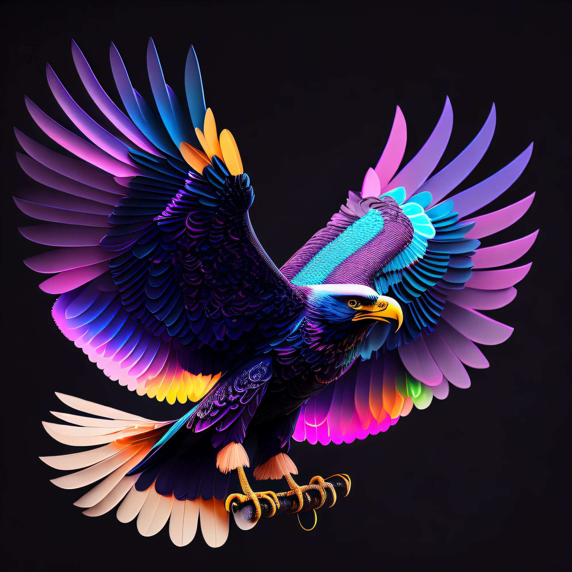 intricate and colorful, (digital painting:1.2) giant eagle, bright neon plumage, flying with wings and talons extended, concept art, octane render, trending on artstation, neon-noir background, iolibt, vfx, Blender and Photoshop, octane render, excellent composition, cinematic atmosphere, dynamic dramatic cinematic lighting, aesthetic, very inspirational, arthouse,(dark plain black background:1.4))
