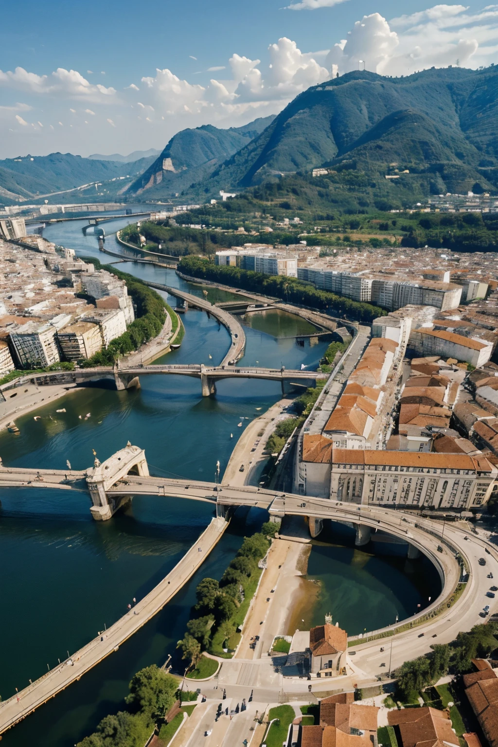 (tmasterpiece)),((Best quality at best)),((alto detalhe)),((Atual,)) cidade atemporal, European architectural style, um grande rio corta a cidade no meio, over the river sumptuous marble bridges, nas margens diversos estabelecimentos e casas, the city is tall