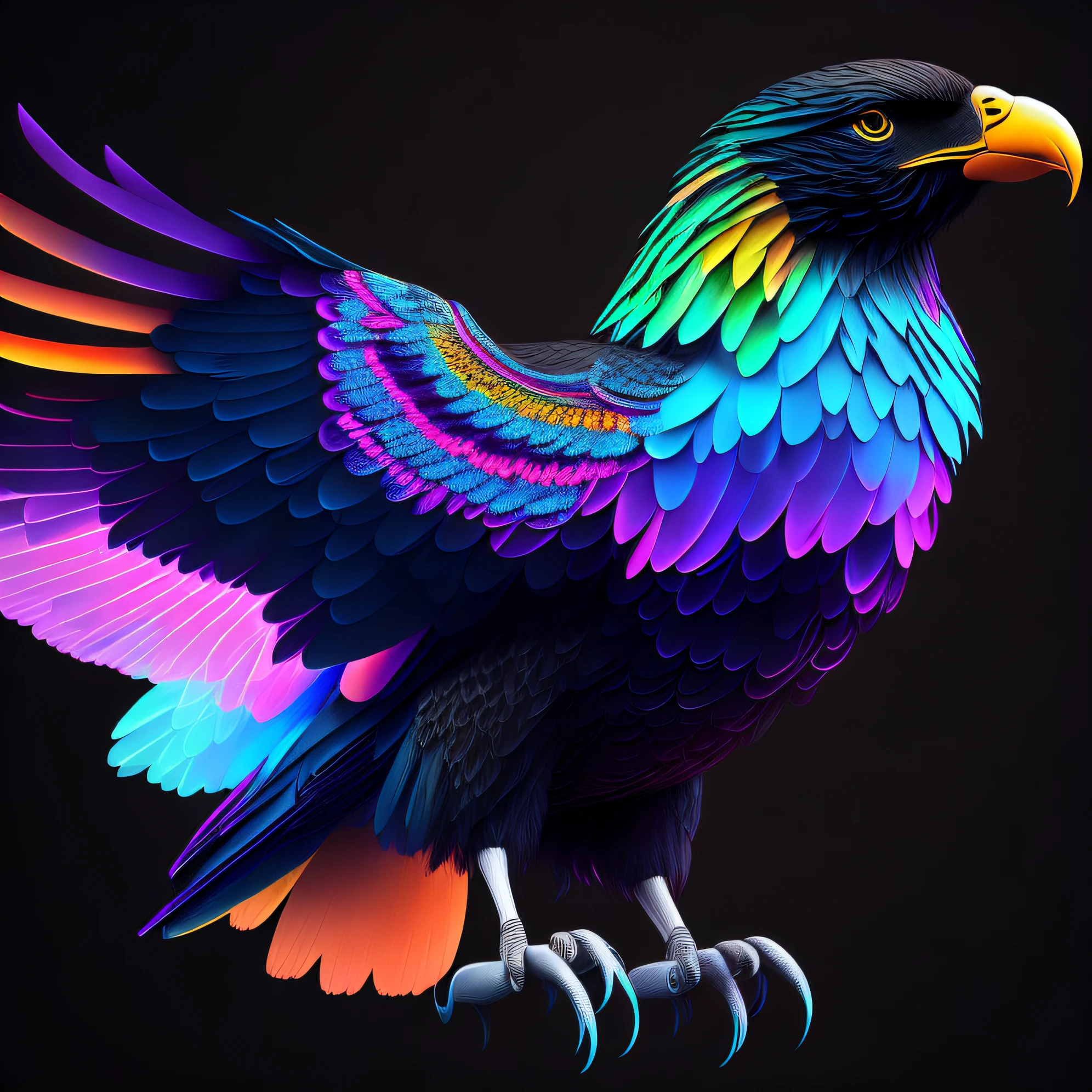 intricate and colorful, (digital painting:1.2) giant eagle, bright neon plumage, flying with wings and talons extended, concept art, octane render, trending on artstation, neon-noir background, iolibt, vfx, Blender and Photoshop, octane render, excellent composition, cinematic atmosphere, dynamic dramatic cinematic lighting, aesthetic, very inspirational, arthouse,(dark plain black background:1.4))