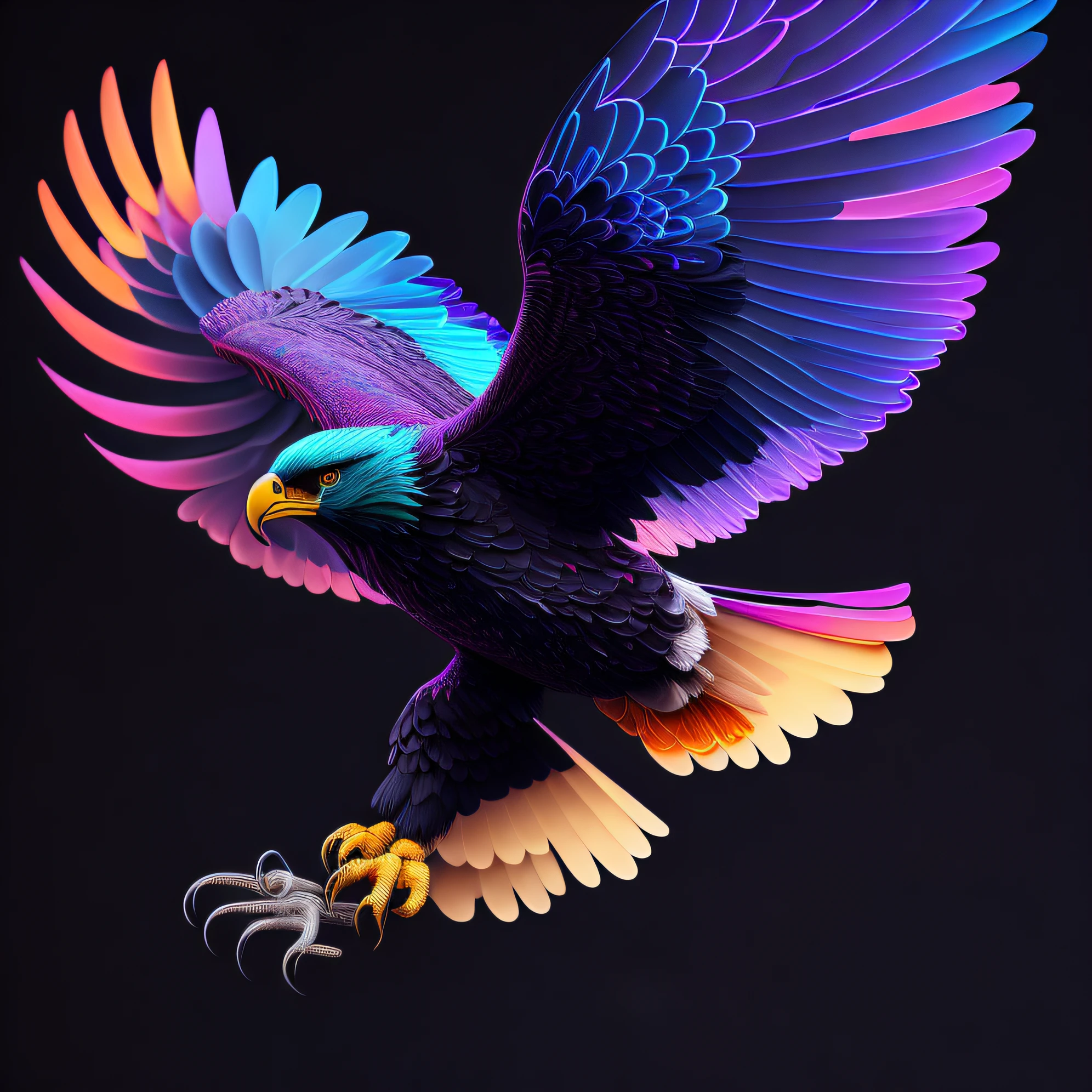 intricate and colorful, (digital painting:1.2) giant eagle, bright neon plumage, flying with wings and talons extended, concept art, octane render, trending on artstation, neon-noir background, iolibt, vfx, Blender and Photoshop, octane render, excellent composition, cinematic atmosphere, dynamic dramatic cinematic lighting, aesthetic, very inspirational, arthouse,(dark plain black background:1.4))