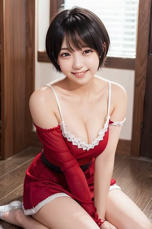 Black hair, short cut hair, sitting on the floor, Santa costume, miniskirt, simple face, white lace panties, smile