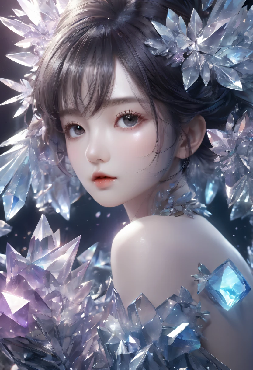 Fantasy cave walls made of mineral crystals，covered with precious crystals, crystal cluster，subsurface, exploration, Stibnite crystals，Glowing crystal, fluorite crystal,associated mineral crystals , Enigmatic Atmosphere, Sparkling crystals, Natural Crystal, sparkling reflections, underground lake, Hidden treasure, mineral structure，(Best quality at best，ultra - detailed，Best Best Illustration，The best shadow，tmasterpiece，A high resolution，），hyper realisitc，