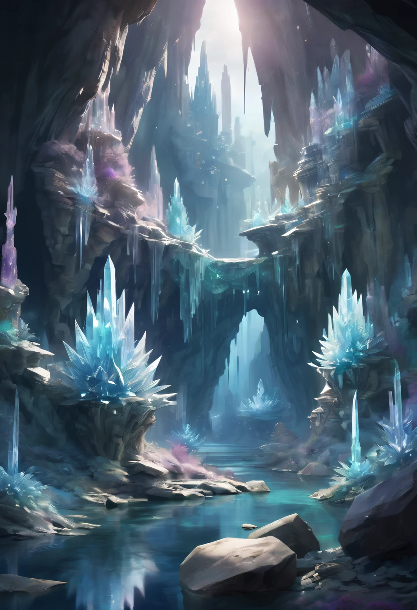 Fantasy cave walls made of mineral crystals,covered with precious crystals, crystal cluster,subsurface, exploration, Stibnite crystals,Glowing crystal, fluorite crystal,associated mineral crystals , Enigmatic Atmosphere, Sparkling crystals, Natural Crystal, sparkling reflections, underground lake, Hidden treasure, mineral structure,(Best quality at best,ultra - detailed,Best Best Illustration,The best shadow,tmasterpiece,A high resolution,),hyper realisitc,