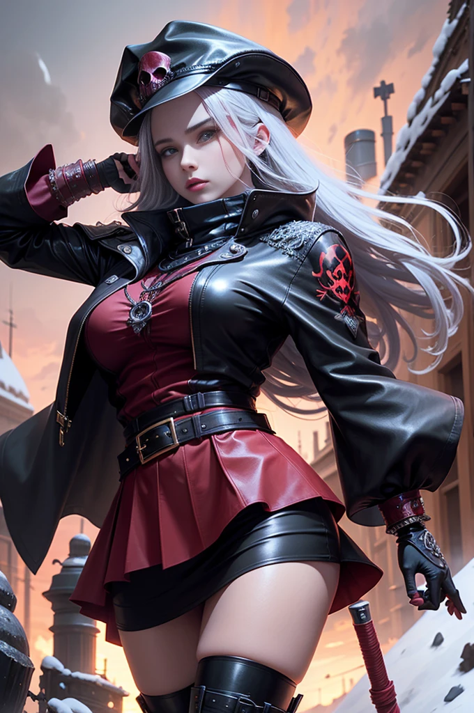 full body Esbian, of the highest quality, Intricately detailed skins, Shiny skin, Shiny hair, pale complexion,Big breasts), Red sky, Continuous snow, Snow City, ((Skull Mark)), ambitious, Seductive Woman, Gray hair, Long hair, Hair fluttering in the wind, Skull mask on half of the face, Detailed tattoos, Red leather clothes, Red sleeveless clothes, Black leather coat, Black leather gloves, Solid Gold Bracelet, leather skirt red skirt, , Hat with skull marker, (Leather Belt), Look far away