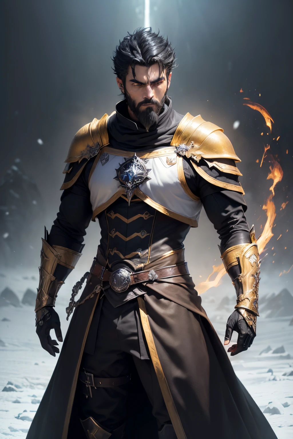 ((ultra quality)), ((tmasterpiece)), male battle mage, A Necromancer, (Black, Short Hair Hair), (has a short black beard), (Beautiful manly face), (is looking at the camera, ((Skin color: white)), ((light yellow eyes glow)), (Large physique), (Male figure), ((Subtle and beautiful)), stands in an epic fighting stance (closeup face), (fantasy, dressed in black clothes of a necromancer magician, black shoulder pads glow yellow), background: Ice Desert, snowing, living corpses of knights, ((Depth of field)), ((high quality clear image)), (crisp details), ((higly detailed)), Realistic, Professional Photo Session, ((Clear Focus))