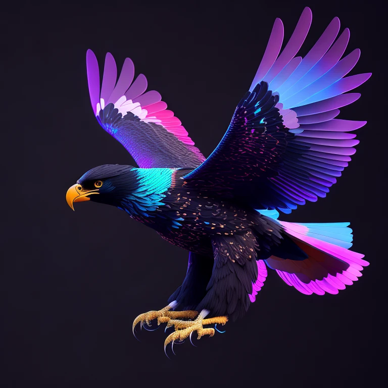 intricate and colorful, (digital painting:1.2) giant eagle, bright neon plumage, flying with wings and talons extended, concept art, octane render, trending on artstation, neon-noir background, iolibt, vfx, Blender and Photoshop, octane render, excellent composition, cinematic atmosphere, dynamic dramatic cinematic lighting, aesthetic, very inspirational, arthouse,(dark plain black background:1.4))