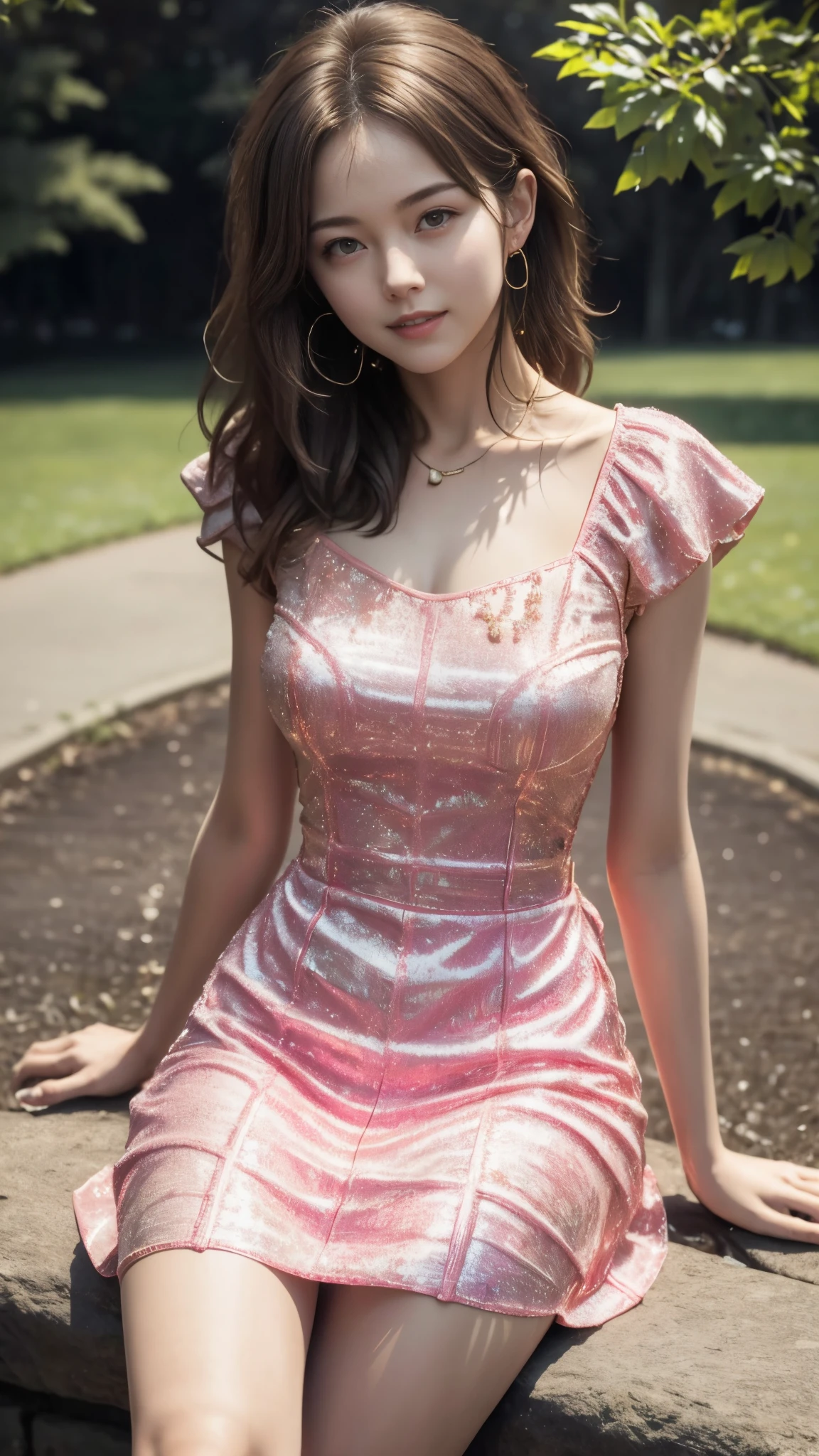 A beautiful Scarlett Johansson, She has beautiful brown hair, perfekte Haut, Faszinierende Beine, A big and beautiful bottom. She is wearing a pink dress, shy, Beautiful eyes, Meisterwerk, 2k, Niedlich, seductive, verschwitzt, Outside, Sonnenschein, POV, Happy, realistisch