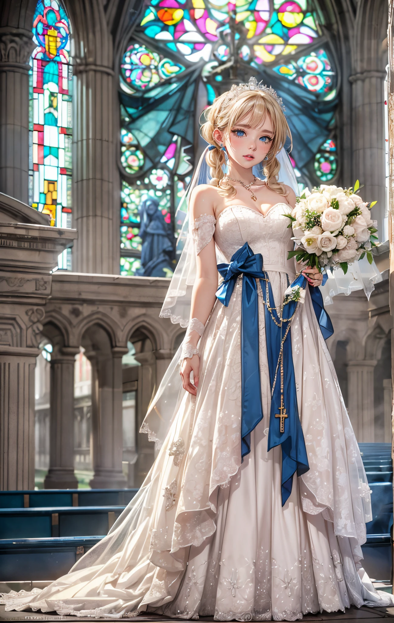 malcaste melody piece: 1.3), (max resolution: 1.2), 8K resolution, Perfect Style, Beautiful face, Thin eyebrows, Glitter Eyeliner: 1.2, Natural cheeks, Glossy skin, Fair skin: 1.2, (Blonde hair with fluffy short twintails:1.3),shiny little necklace and earrings, (Glossy lips: 1.4), (weddingdress:1.2)、 (Shy look: 1.2),(church and large stained glass: 1.2),(Deep Blue Eyes:1.4),Rosary Necklace,wedding veil,(Full body:1.2)