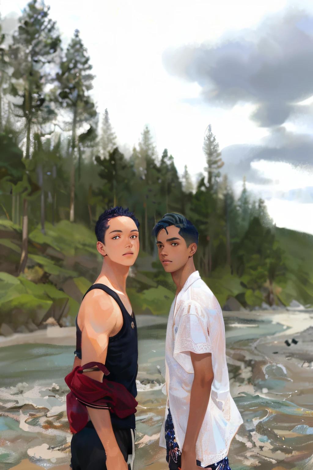 (extremely detailed and high-quality illustration),(best lighting and shadow effects, ultra-realistic), beach, young man with a wheat skin tone and short light blue hair, looking out at the ocean with a pensive expression.