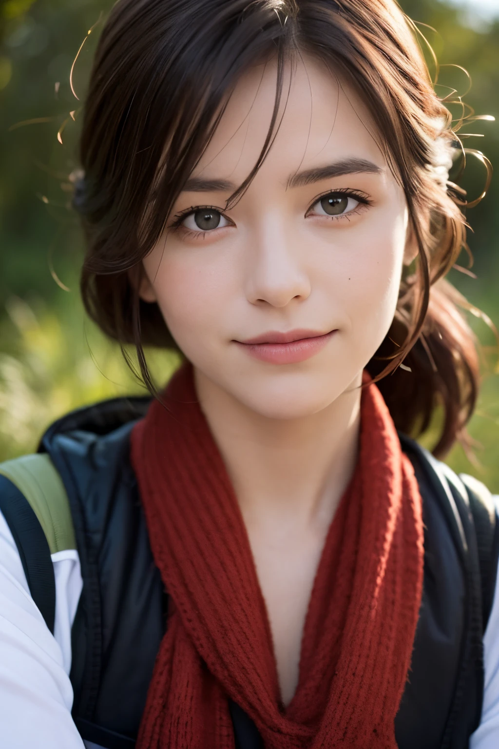 A well-lit perfect (Closeup:1.15) (portrait de prise de vue moyenne:0.6) Photograph of a beautiful woman standing on the hiking trail, Porter une tenue intrigante, En me regardant, slight shy smile