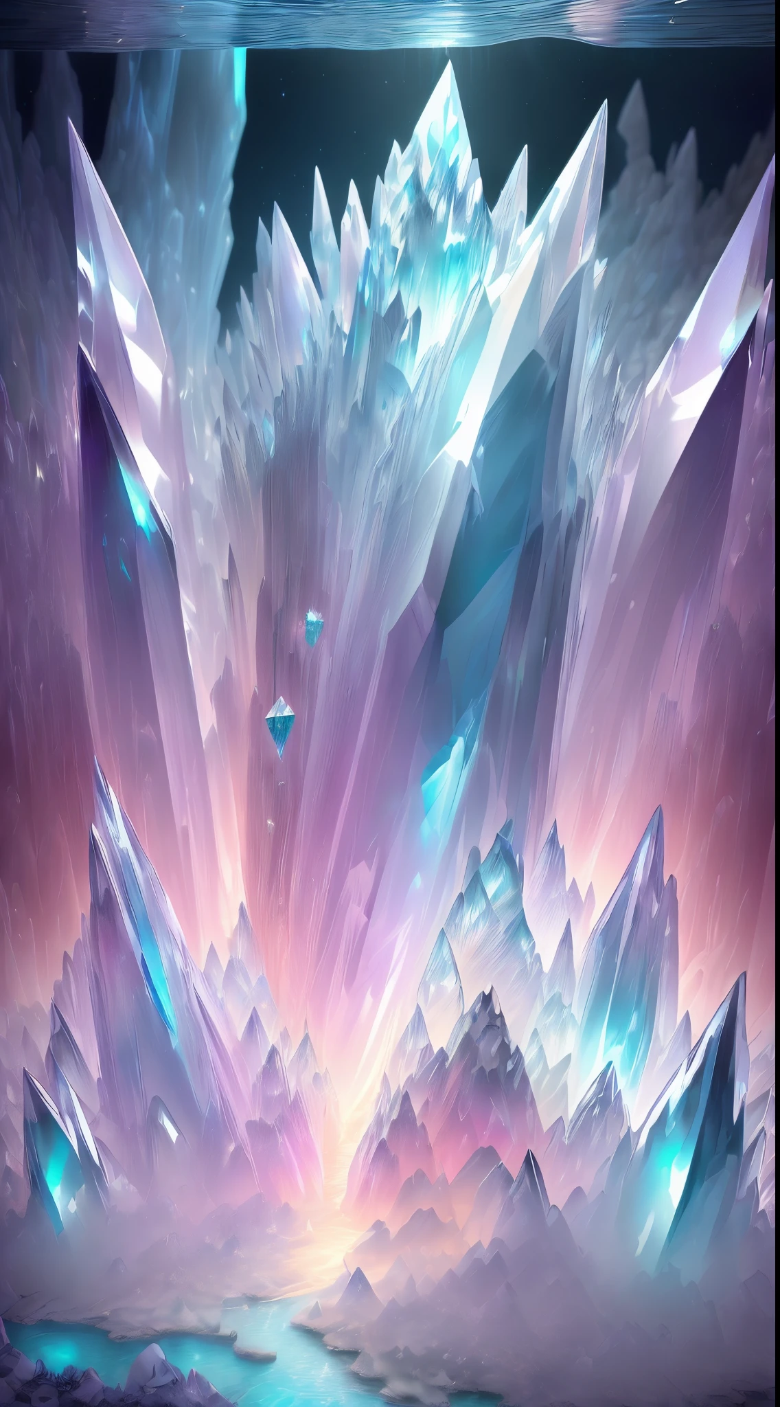 Fantasy cave walls made of mineral crystals，covered with precious crystals, crystal cluster，subsurface, exploration, Stibnite crystals，Glowing crystal, fluorite crystal,associated mineral crystals , Enigmatic Atmosphere, Sparkling crystals, Natural Crystal, sparkling reflections, underground lake, Hidden treasure, mineral structure，(Best quality，ultra - detailed，Best Best Illustration，The best shadow，tmasterpiece，A high resolution，），hyper realisitc，