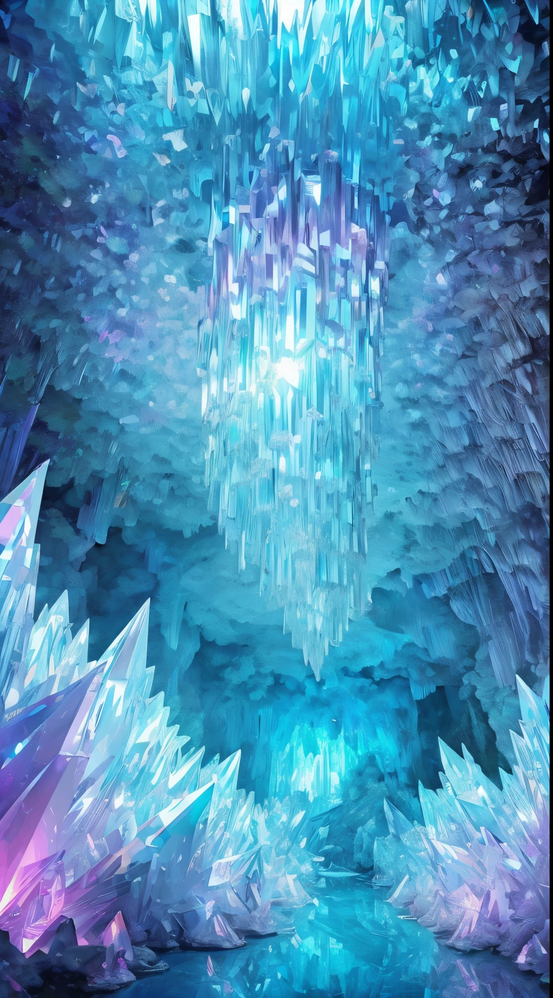 Fantasy cave walls made of mineral crystals，covered with precious crystals, crystal cluster，subsurface, exploration, Stibnite crystals，Glowing crystal, fluorite crystal,associated mineral crystals , Enigmatic Atmosphere, Sparkling crystals, Natural Crystal, sparkling reflections, underground lake, Hidden treasure, mineral structure，(Best quality，ultra - detailed，Best Best Illustration，The best shadow，tmasterpiece，A high resolution，），hyper realisitc，