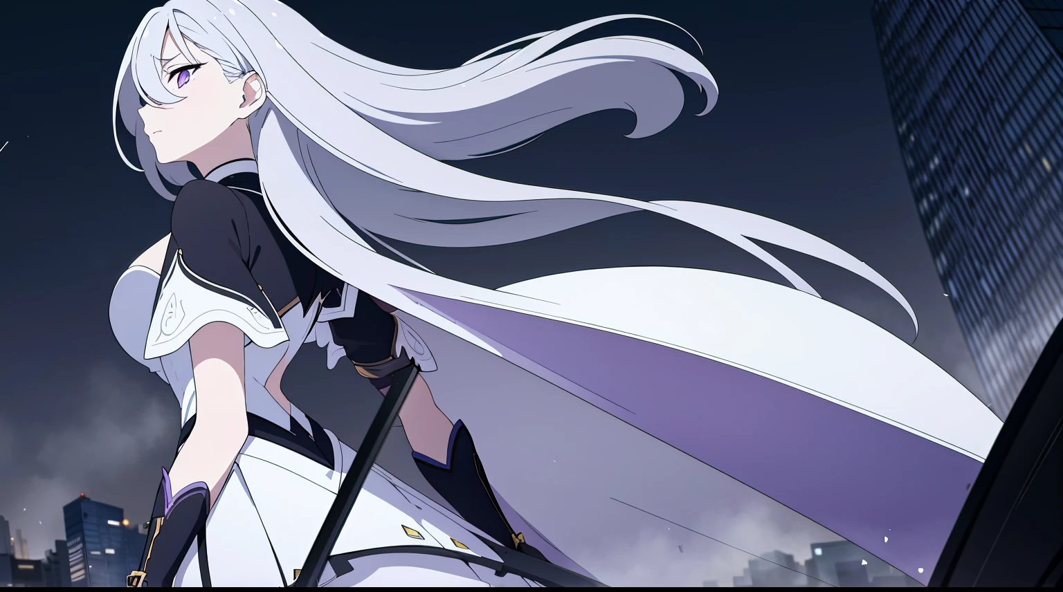 （（tmasterpiece：1.4, Best quality））+, （hyper-detailing）+, （Delicate purple eyes：1.5）+, （Detailed ears：1.5）, （cute girls）, （The shirt，White stockings，long  skirt：1.5）, Tight white silk, Long hair details, long braid，no headwear，（Black flowers：1.2）, pale-skinned, （Yellow cloth：1.5）, （Black boots：1.4），Surrounded by huge black trees, The whole city  shrouded in thick fog,Mechanicalweapon， Slim pants ，Giant black crystals are scattered throughout the city，Looking up at tall buildings from the street，Flying dust，（warrior：1.1）, （dawn light：1.2）, ）, （closeup cleavage：1.1）, the only person, bell, bright gray hair, hair covering one eye, V-shaped eyebrows, Gloom (Expressing the), from back,  Best quality, A high resolution, high detal, high high quality, 16k