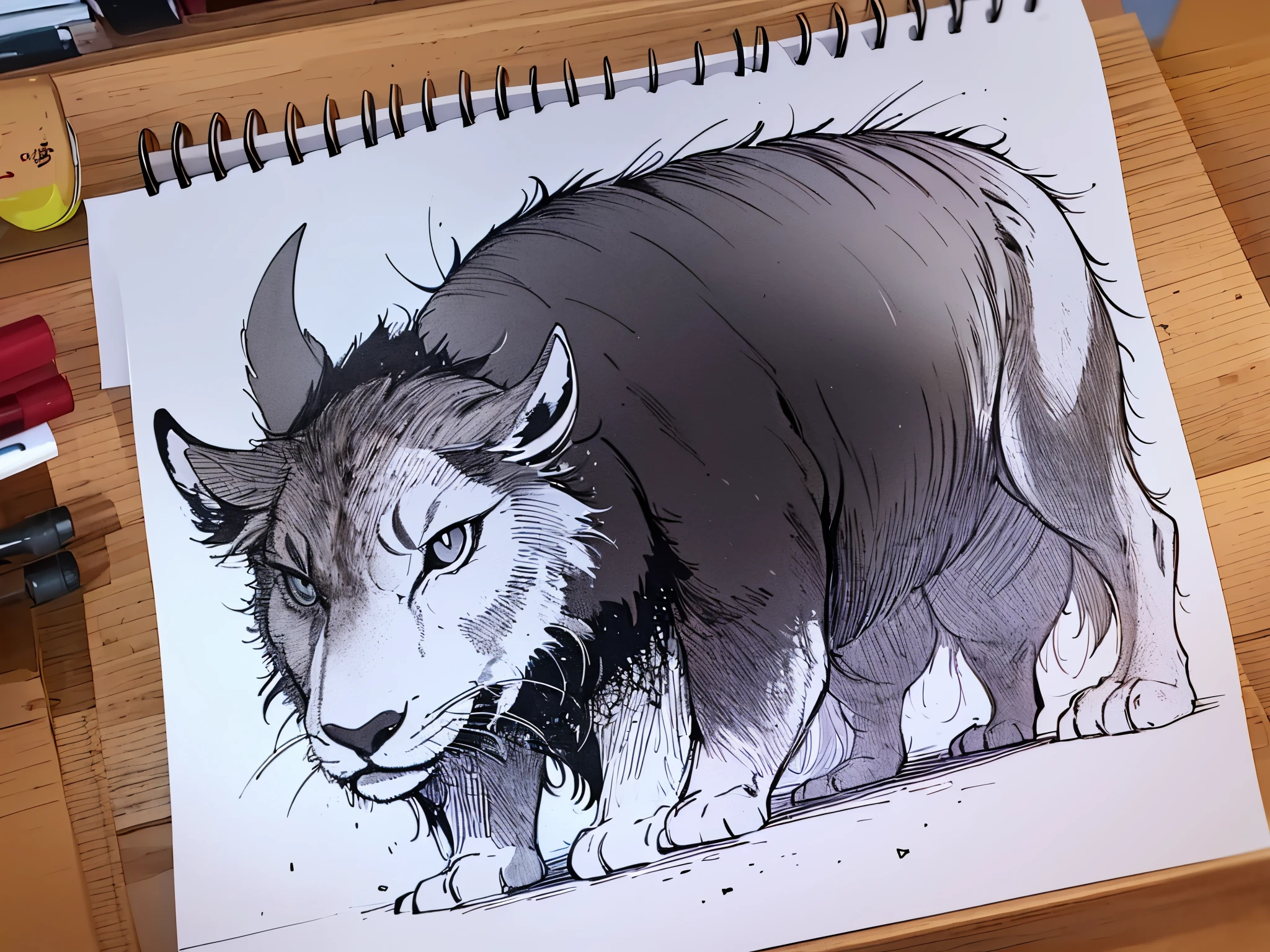 anthro bull, deerlack ink rough sketch, black ink on white , painted on , Intricate brushwork details, black ink outline, ink lines, Ink painting and watercolor, black ink painting, Black ink line art, Ink sketch, thick line ink, ink lines, black ink outline, ink wash style, black ink illustration