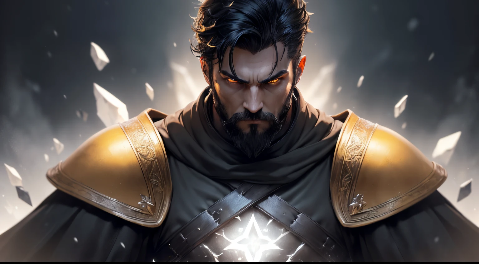 ((ultra quality)), ((tmasterpiece)), male battle mage, A Necromancer, (Black, Short Hair Hair), (has a short black beard), (Beautiful manly face), (is looking at the camera, ((Skin color: white)), ((light yellow eyes glow)), (Large physique), (Male figure), ((Subtle and beautiful)), stands in an epic fighting stance, (fantasy, dressed in black clothes of a necromancer magician, black shoulder pads glow yellow), background: Ice Desert, snowing, the living corpses of knights stand behind, super epic, ((Depth of field)), ((high quality clear image)), (crisp details), ((higly detailed)), Realistic, Professional Photo Session, ((Clear Focus))