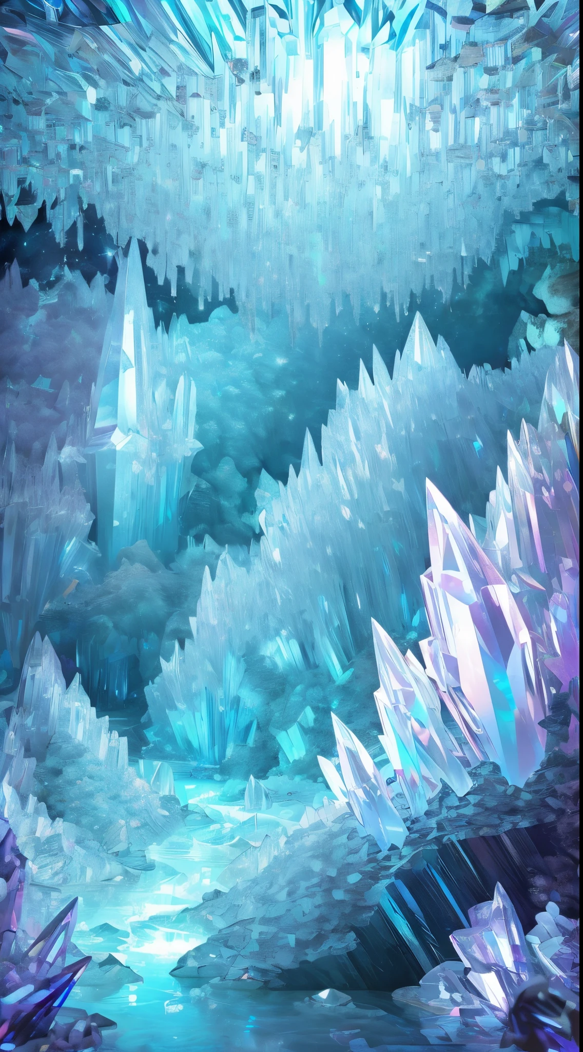 Fantasy cave walls made of mineral crystals,covered with precious crystals, crystal cluster,subsurface, exploration, Stibnite crystals,Glowing crystal, fluorite crystal,associated mineral crystals , Enigmatic Atmosphere, Sparkling crystals, Natural Crystal, sparkling reflections, underground lake, Hidden treasure, mineral structure,(Best quality,ultra - detailed,Best Best Illustration,The best shadow,tmasterpiece,A high resolution,),hyper realisitc,