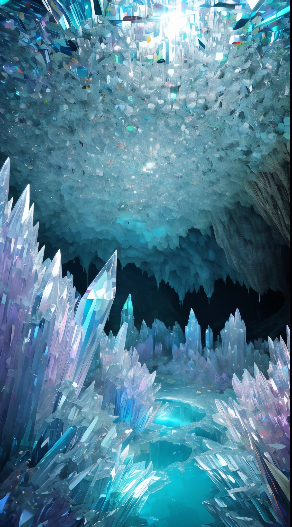 Fantasy cave walls made of mineral crystals,covered with precious crystals, crystal cluster,subsurface, exploration, Stibnite crystals,Glowing crystal, fluorite crystal,associated mineral crystals , Enigmatic Atmosphere, Sparkling crystals, Natural Crystal, sparkling reflections, underground lake, Hidden treasure, mineral structure,(Best quality,ultra - detailed,Best Best Illustration,The best shadow,tmasterpiece,A high resolution,),hyper realisitc,