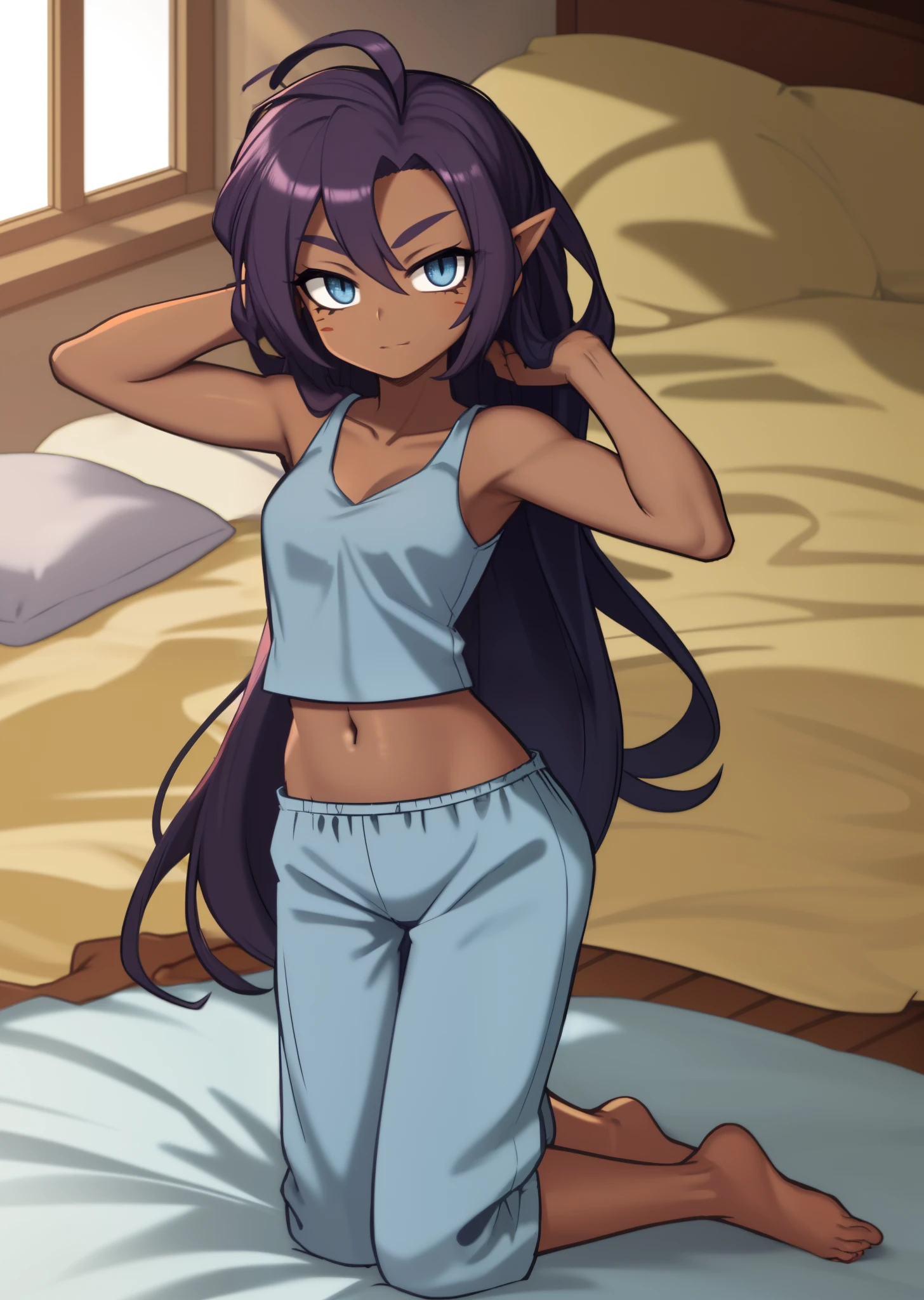 [Shantae], ((masterpiece)), ((HD)), ((solo portrait)), ((full body)), ((bird's-eye view)), ((feet visible)), ((detailed shading)), ((intricate details)), {attractive girl, (dark skin tone), (brown skin), (long purple hair), (cute blue eyes), (curvy hips), (defined muscles), (beautiful feet), (expressionless)}, {(light-blue tank top), (midriff), (baggy light-blue pajama pants)}, {(on bed), (kneeling), (hand on head), (looking at viewer)}, [background; (bedroom), (window), (blue sky), (sun rays)]