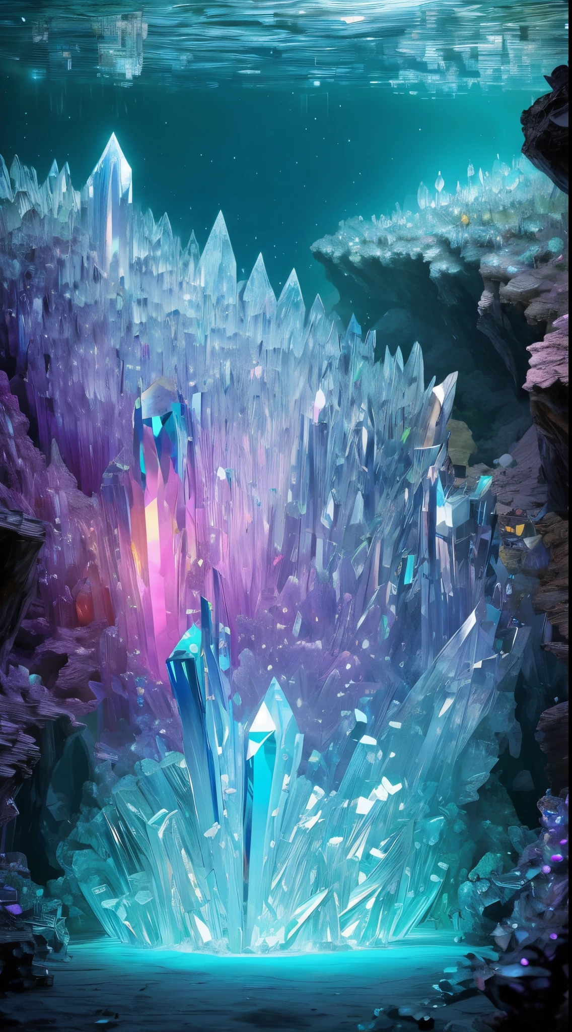 Fantasy cave walls made of mineral crystals，covered with precious crystals, crystal cluster，subsurface, exploration, Stibnite crystals，Glowing crystal, fluorite crystal,associated mineral crystals , Enigmatic Atmosphere, Sparkling crystals, Natural Crystal, sparkling reflections, underground lake, Hidden treasure, mineral structure，(Best quality，ultra - detailed，Best Best Illustration，The best shadow，tmasterpiece，A high resolution，），hyper realisitc，