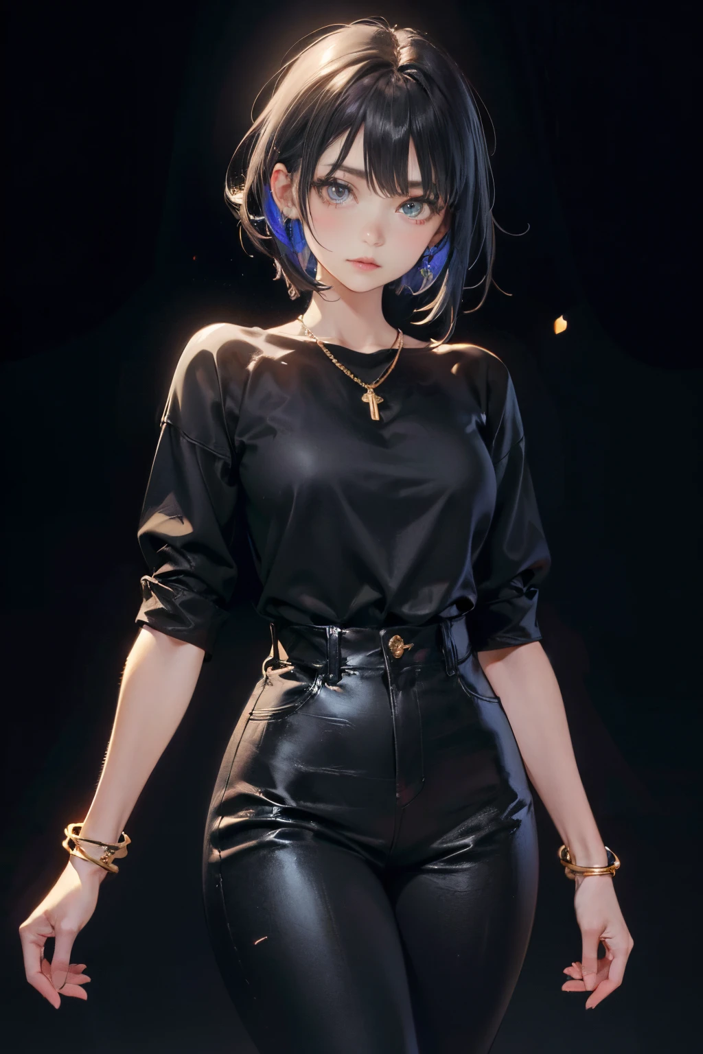 a 20 yo woman、Black blue Hair、poneyTail、(hi-top fade:1.3)、dark themed、Muted Tones、Subdued Color、highly contrast、(natural skin textures、Hyper-Realism、Soft light、sharp)、makeup, mascara, Lips are subdued or colors, simple black background, Minimalism, monotone, simple color palettes, Clean, sharp designs, flowing silhouettes, Tight skirts and pants, high-waisted skirts and pants, simple dresses, shirts and blouses, asymmetrical, geometric, Elegant and luxurious materials and designs, Simple, minimal accessories, Slim necklaces and rings in silver or gold, Simple bangles, Distinctive designs, simple silhouettes, simple and sophisticated style, elegance, minimalism, high quality materials, cool and urban impression, high fashion, simplicity and sophistication,
