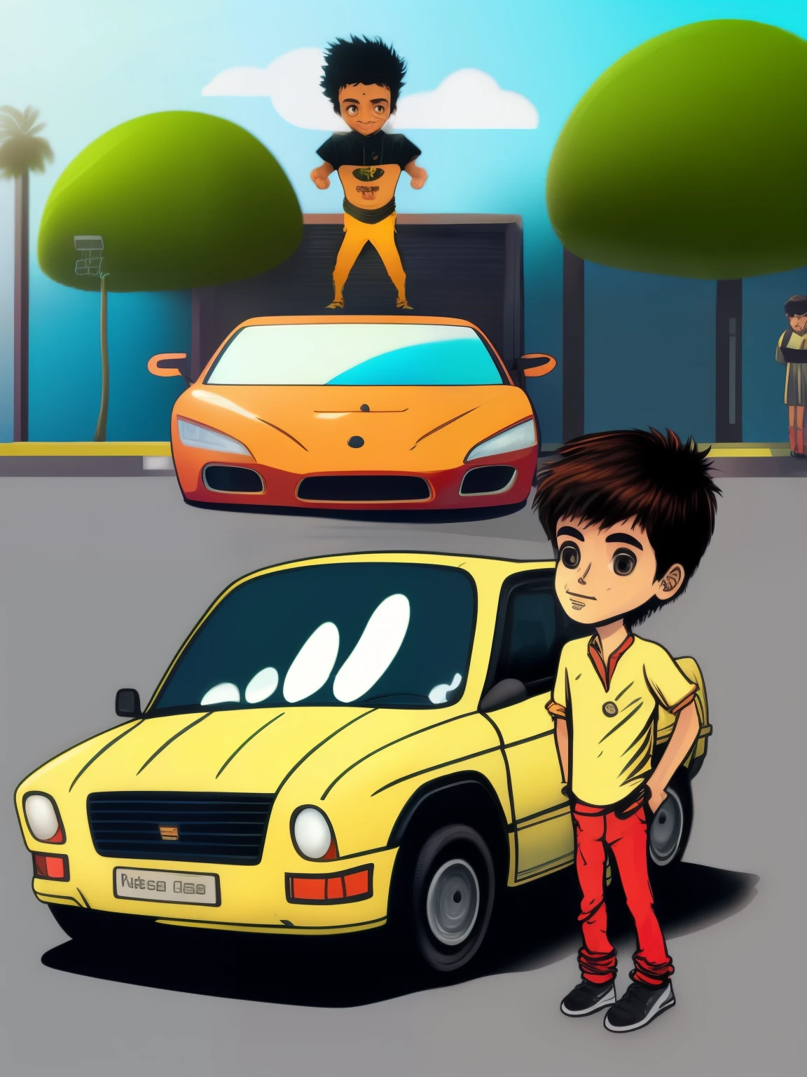 A car infront of a boy charecter