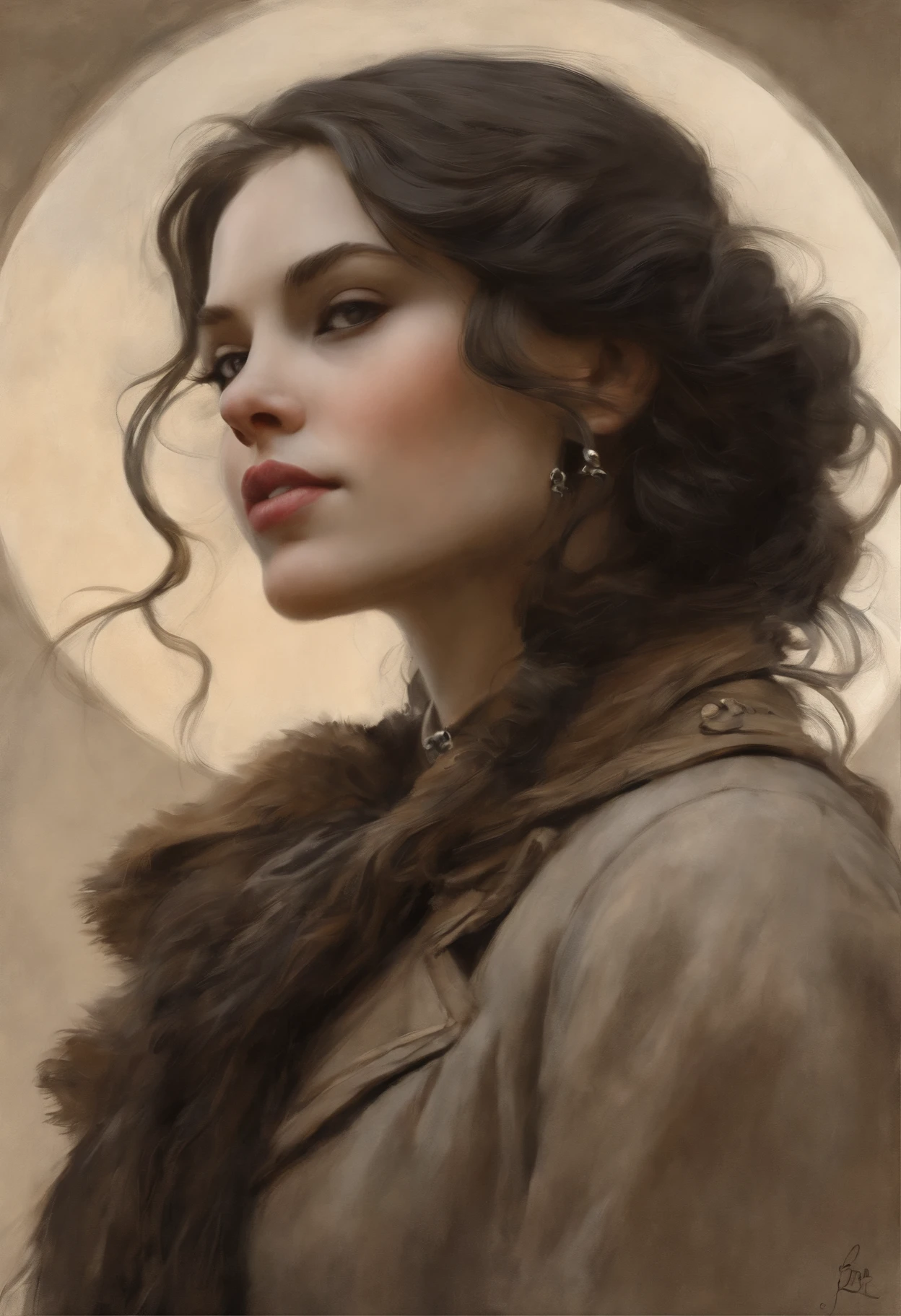 真实感, dark fantasy style, John Tolkien style, Small painting by Jean-Baptiste Monge, portraite of a, profile close-up view, clear detailed facial features, Soft facial features,Rocker Girl, Human Hand, Very clear, Without flaws, five fingers, with bright makeup, Modern style, a little full, fat, slight excess weight, Average height, dark pink lips,  lip shape"bow" ,"Cool eyebrows in the shape of Angryburts, light gray eyes, large almond-shaped eyes, looking at away, black long wavy hair,  hair blowing in wind ,In an airy pink skirt, in a leather jacket, wearing boots..., Standing next to a motorcycle, early morning, The city, megalopolis, Jean-Baptiste Monge, anthropomorphic --ar 2:3 --testp -optimistic;