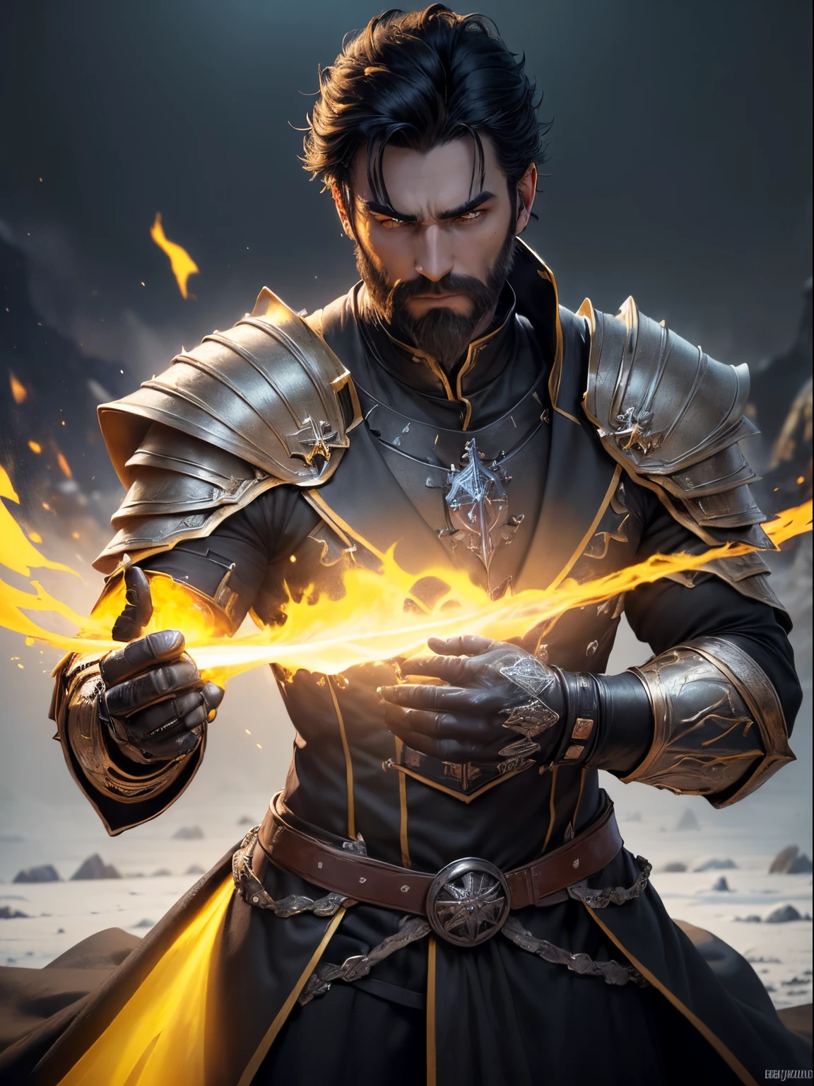 ((ultra quality)), ((tmasterpiece)), male battle mage, A Necromancer, (Black, Short Hair Hair), (has a short black beard), (Beautiful manly face), (is looking at the camera, ((Skin color: white)), ((light yellow eyes glow)), (Large physique), (Male figure), ((Subtle and beautiful)), stands in an epic fighting stance and casts fire magic with both hands (closeup face), (fantasy, dressed in black clothes of a necromancer magician, black shoulder pads glow yellow), background: Ice Desert, It's snowing, an army of the living dead in medieval armor stands behind, super epic picture, ((Depth of field)), ((high quality clear image)), (crisp details), ((higly detailed)), Realistic, Professional Photo Session, ((Clear Focus))