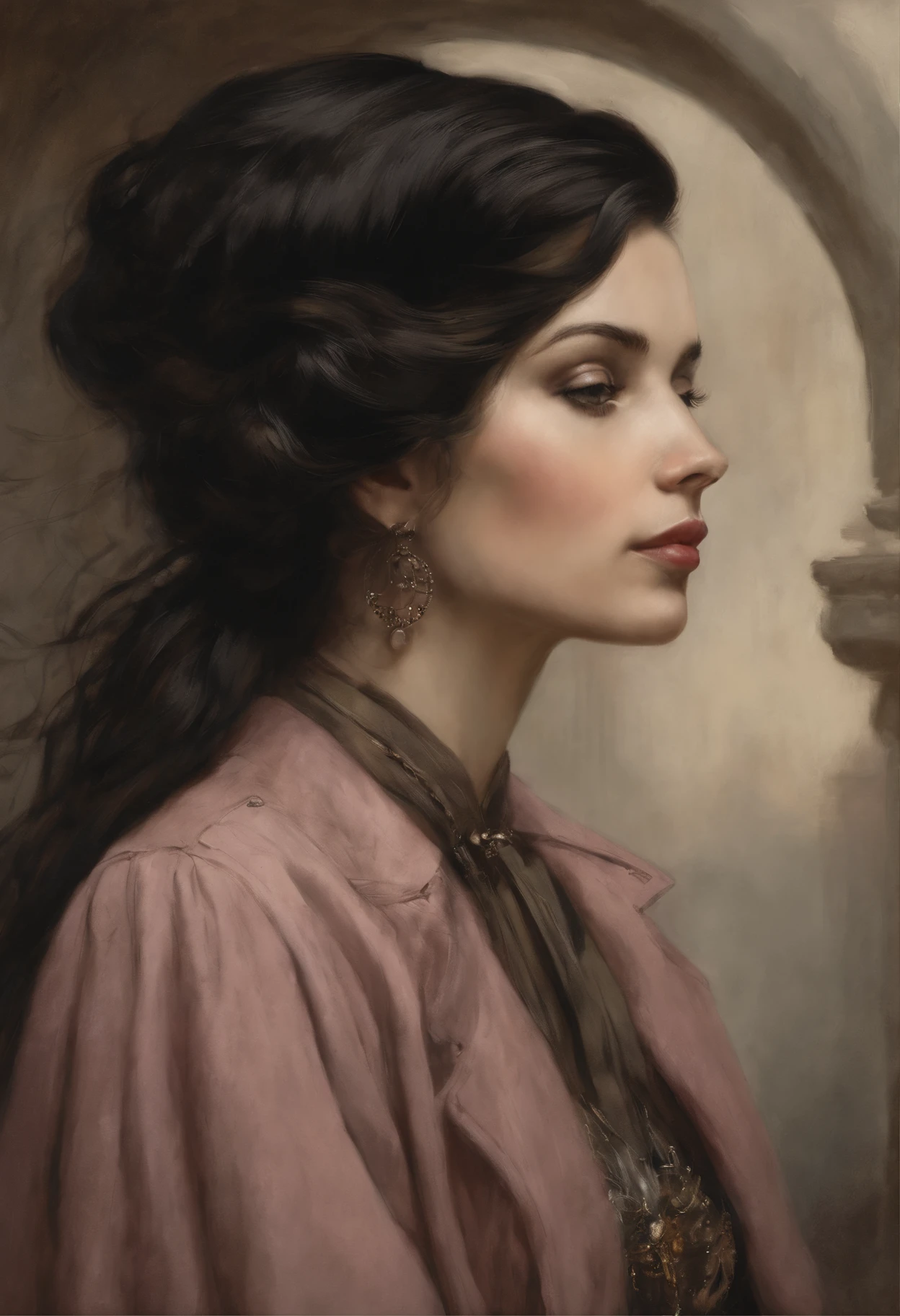 真实感, dark fantasy style, John Tolkien style, Small painting by Jean-Baptiste Monge, portraite of a, profile close-up view, clear detailed facial features, Soft facial features,Rocker Girl, Human Hand, Very clear, Without flaws, five fingers, with bright makeup, Modern style, a little full, fat, slight excess weight, Average height, dark pink lips, lip shape"bow" ,"Cool eyebrows in the shape of Angryburts, light gray eyes, large almond-shaped eyes, looking at away, black long wavy hair, hair blowing in wind ,In an airy pink skirt, in a leather jacket, wearing boots..., Standing next to a motorcycle, early morning, The city, megalopolis, Jean-Baptiste Monge, anthropomorphic --ar 2:3 --testp -optimistic;