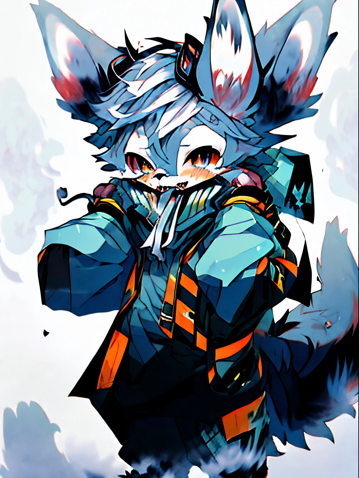 Realistic manga art, full-length human figure with wolf rubber mask stuck to face, gray slime overflowing from mask, wolf tail, smiling face, fangs, eyes swirling yellow and black, large tears spilling from eyes, trying to remove rubber mask with both hands, black shirt, stepping on both feet