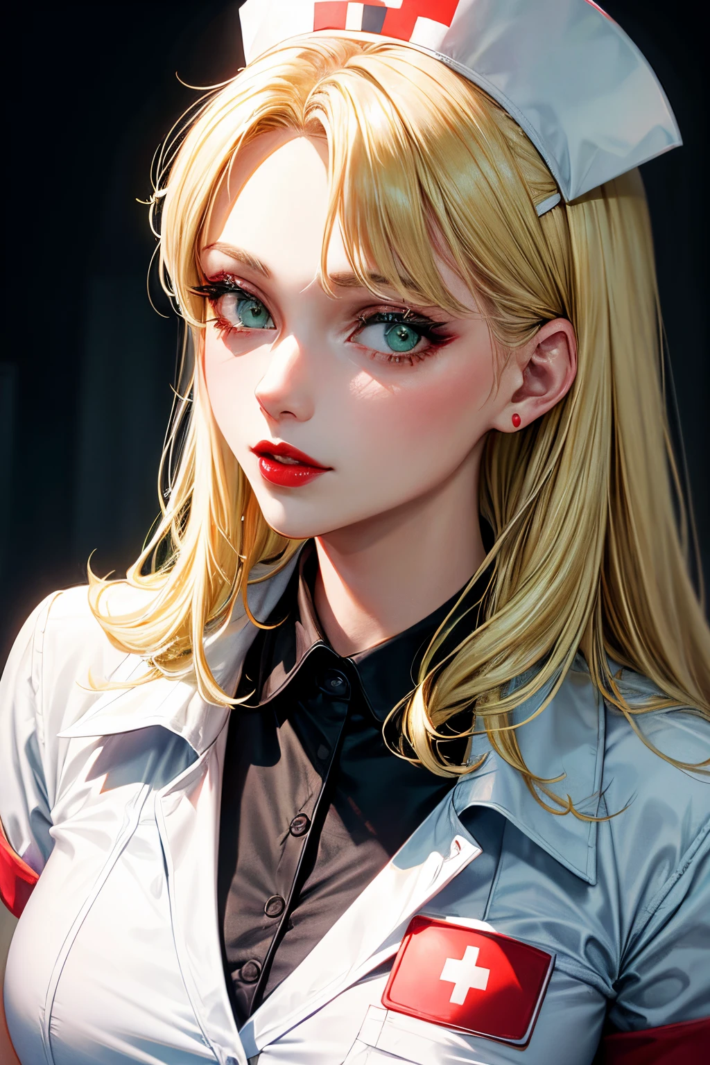 a nurse with green eyes and blonde hair, red lips