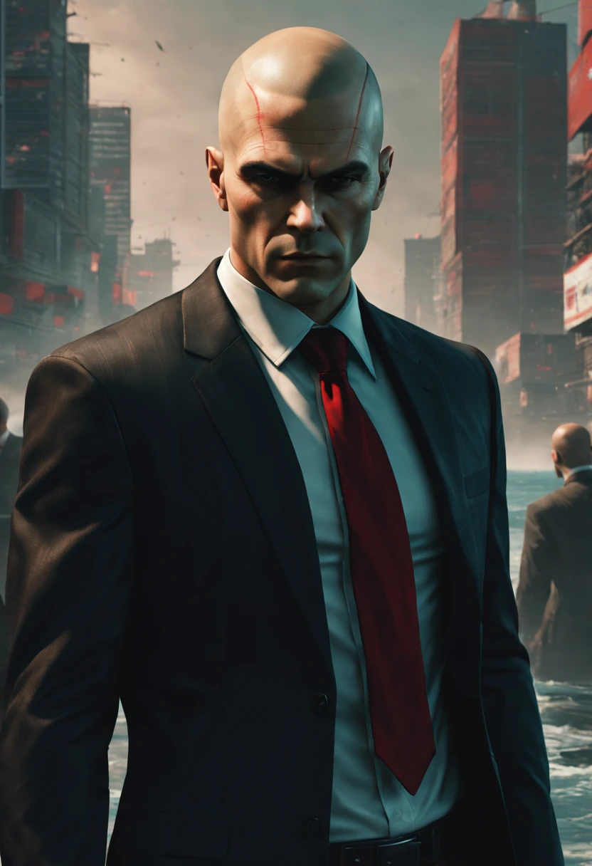 Agent 47 from Hitman: Codename 47, (as in game++)posed incognito in a dense crowd, barcode tattoo visible on the back of his head, steely gaze fixed on a distant target, a subdued palette with focus on the stark contrast between his crisp red tie and the surrounding sea of muted tones, ultra realistic, human-like, dramatic lighting, 8k detail