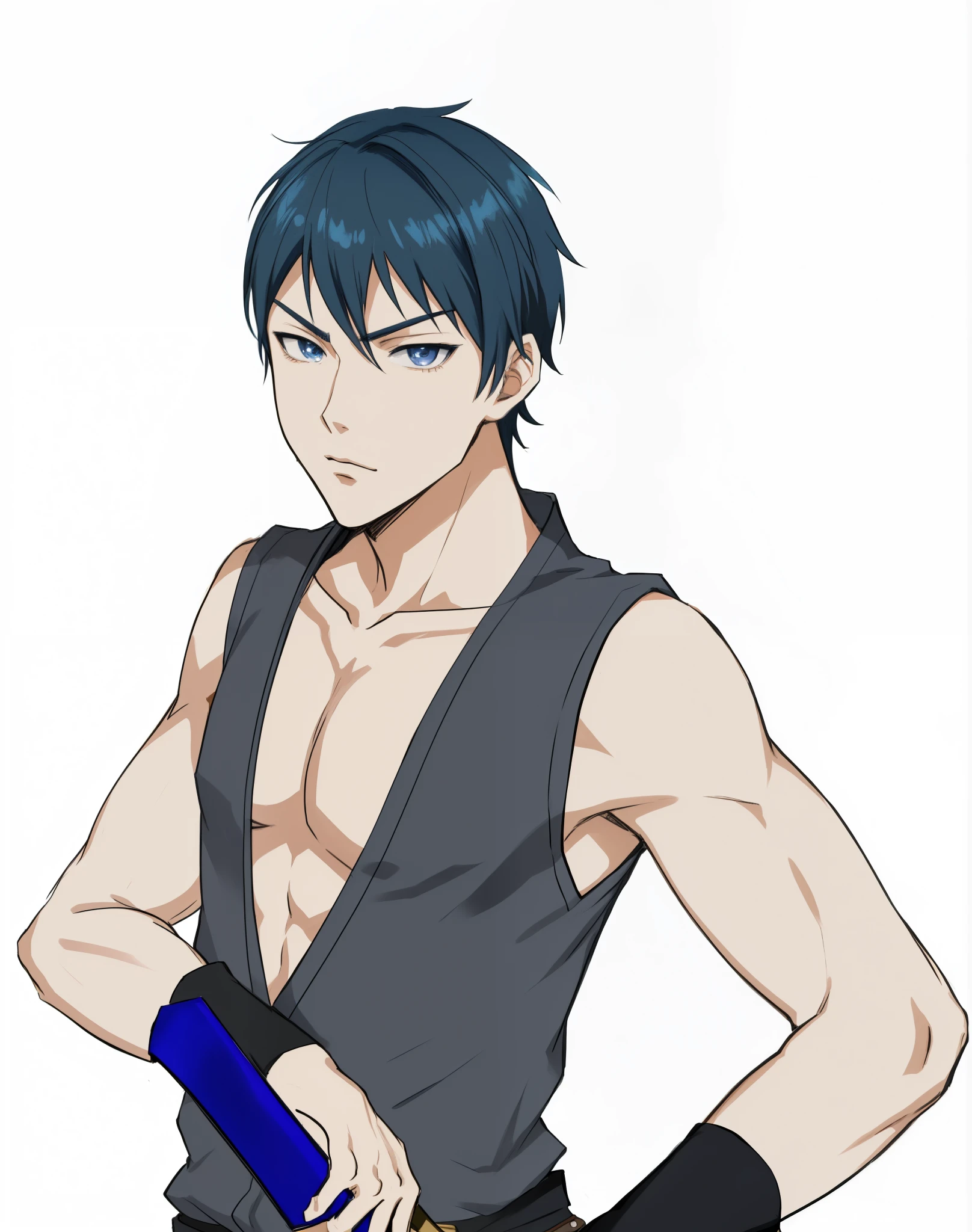 anime guy with a blue sword and a black vest, tall anime guy with black eyes, anime handsome man, male anime character, young anime man, handsome anime pose, anime style character, as an anime character,