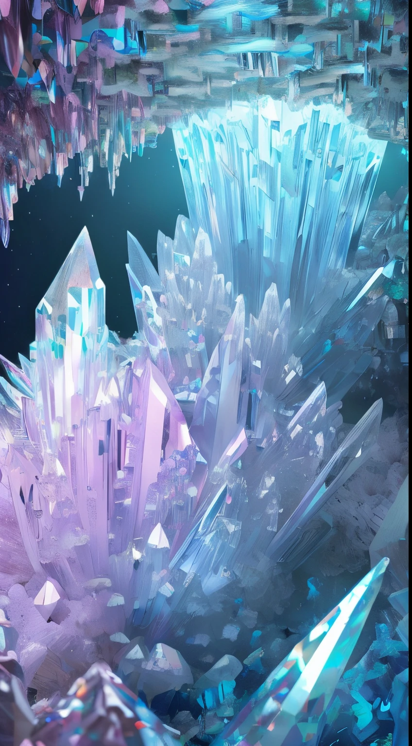 Fantasy cave walls made of mineral crystals，covered with precious crystals, crystal cluster，subsurface, exploration, Stibnite crystals，Glowing crystal, fluorite crystal,associated mineral crystals , Enigmatic Atmosphere, Sparkling crystals, Natural Crystal, sparkling reflections, underground lake, Hidden treasure, mineral structure，(Best quality at best，ultra - detailed，Best Best Illustration，The best shadow，tmasterpiece，A high resolution，），hyper realisitc，