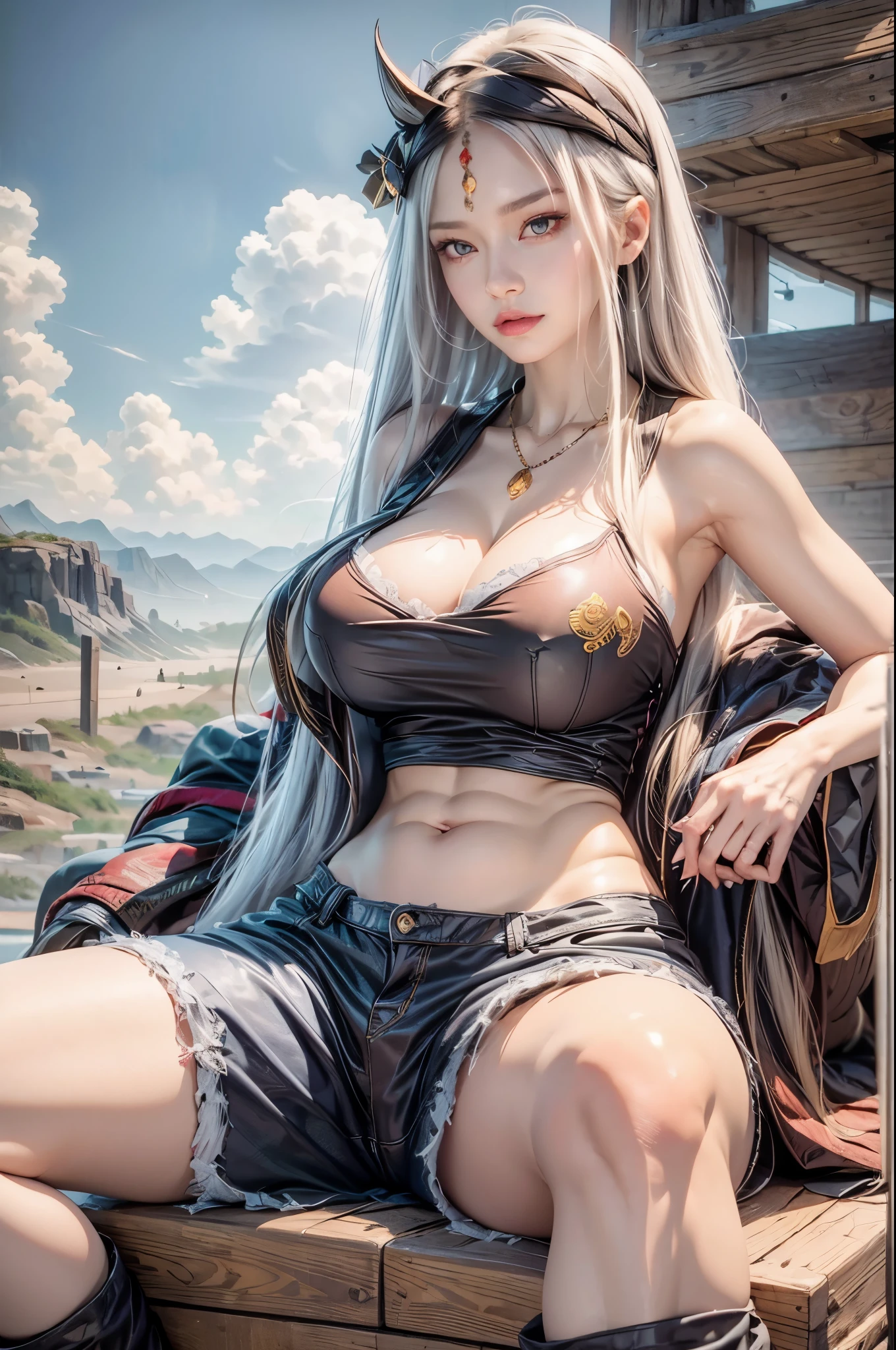 realistic, 1 women, best quality, 12k, HD, long hair, big round breasts, cleavage, ponytail, necklace, jewelry, shorts, short jacket, slim hips, hair tie, yellow eyes, black hair, super detailed, Eye details, hair details, person details, mouth details, face details, breast details, clothes details, hair details, pants details, hand details, whole body
