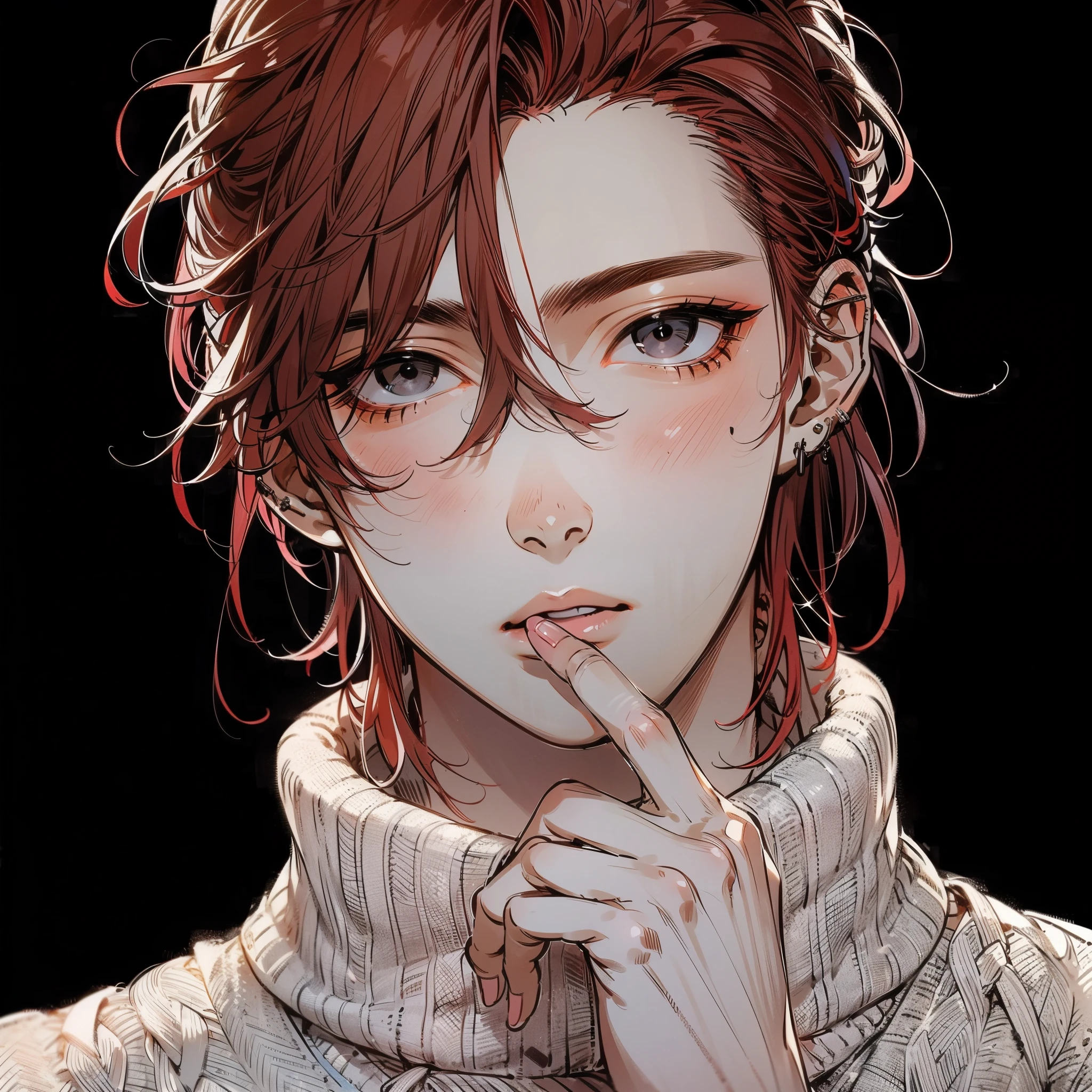 Beautiful young man, Red hair, (((Black eyes))), shoulder length hair, Tied hair, White High Neck Sweater, cut out the eyes, Handsome, Put your hand to your mouth,Front view, Black background, Shoulder level,High quality, amount of drawing, pixiv illustration