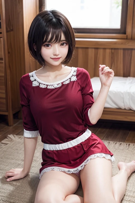 Black hair, short cut hair, sitting on the floor, Santa costume, miniskirt, simple face, white lace panties, smile