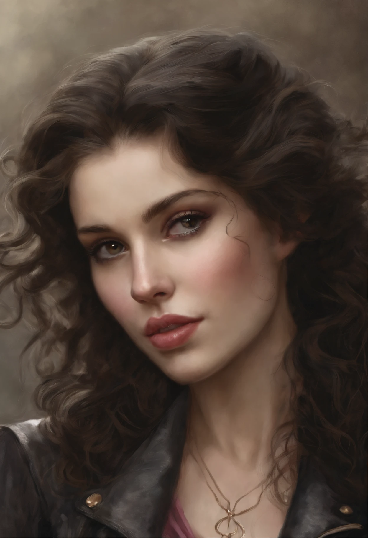 真实感, dark fantasy style, John Tolkien style, Small painting by Jean-Baptiste Monge, Soft facial features,Rocker Girl, Human Hand, Very clear, Without flaws, five fingers, with bright makeup, Modern style, a little full, fat, slight excess weight, Average height, dark pink lips, lip shape"bow" ,"Cool eyebrows in the shape of Angryburts, light gray eyes, large almond-shaped eyes, looking at away, black long wavy hair, hair blowing in wind ,In a short pink skirt, in a leather jacket, wearing boots..., Standing next to a motorcycle, early morning, The city, megalopolis, Jean-Baptiste Monge, anthropomorphic --ar 2:3 --testp -optimistic;