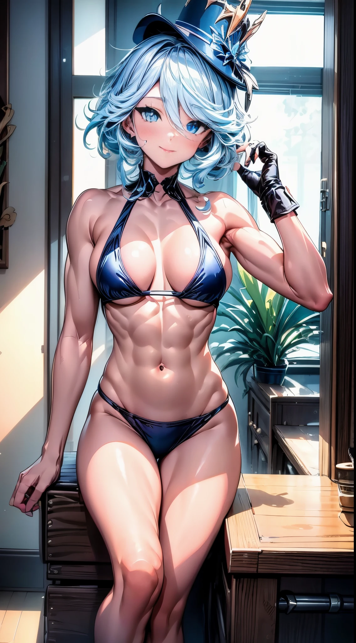 Furina from Genshin Impact, (1 adult girl), (in the motel room), blue painted nails, {{{very y thong bikini}}}, (((muscular legs))), thin, white skin, muscular belly, standing, dark blue high heel shoes, (full body photo), (short hair), {sitting on the chair sensually with legs crossed looking straight at me}, bigye reflection, elongated eyes , elongated eyes, (happy), anime, anime style, cinematic lighting, shine, JPEG artifacts, bright light, divine rays, ray tracing, panorama, canon, UHD, master piece, textured skin, Super Detail, High Details , best quality, very high resolution, 16k