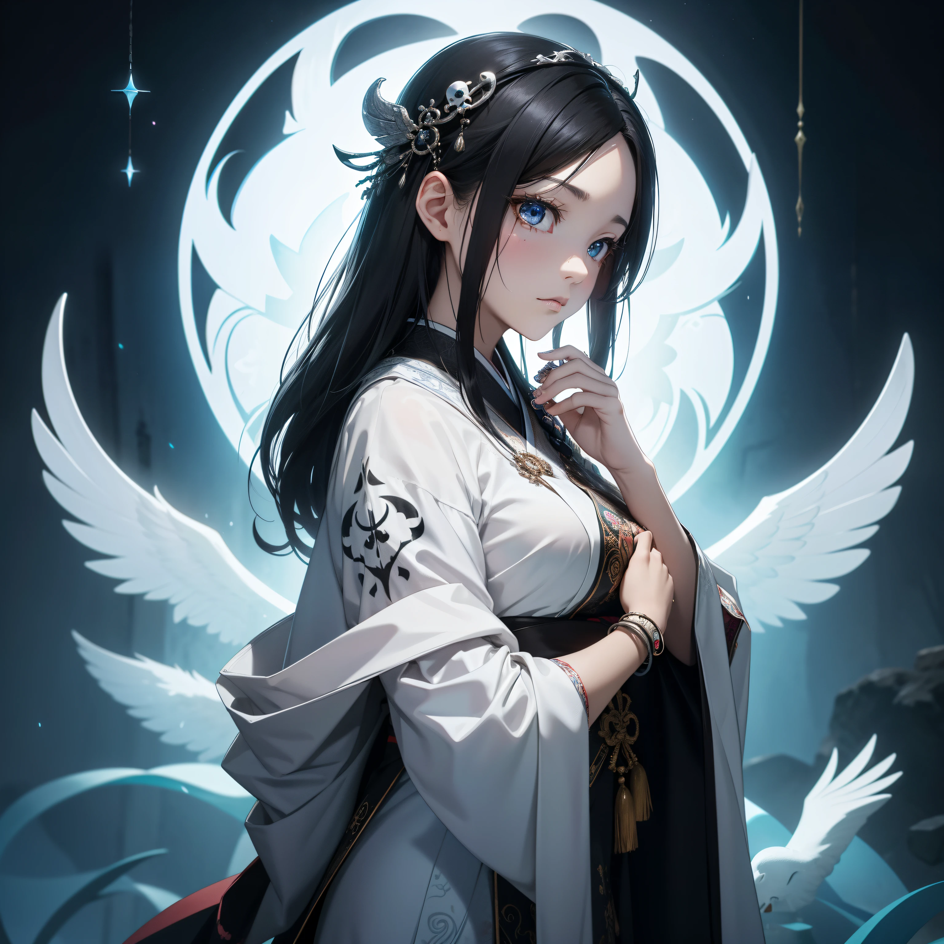 In a different world where mandala murals spread、Beautiful woman in Japanese clothes appeared。She dressed in pure white.、Beautiful contrast between clear white skin and black hair、It was like a swan。 however、As if to overshadow its beauty、There was a skull element on part of her face。On her right cheek、It carved with a pattern like the eyes and nose of the skull.、It's an eerie atmosphere。 She showed her profile、His eyes seemed to look far away.。In its expression、Melancholy and sadness ooze.、I was made to feel the inner world of her strong will。 In the background、There are geometric patterns like mandala paintings and Buddhist symbols.、A mysterious space spreads out。 This art eauty and creepiness、And it expresses a mysterious worldview that fuses mystique............。Opening the door to another world that cannot be touched、You will be able to feel the mystery of the world。Strong elements of aging science fiction。Colorful and horror。profile。Detailed and meticulously drawn。3D Art。android。Like the hero of an adventure。disaster々Or。Be pure。More three-dimensional。Elements of total。Triumphant。The tattoo。Sad face。Live-action adaptation。Demon of Hell。