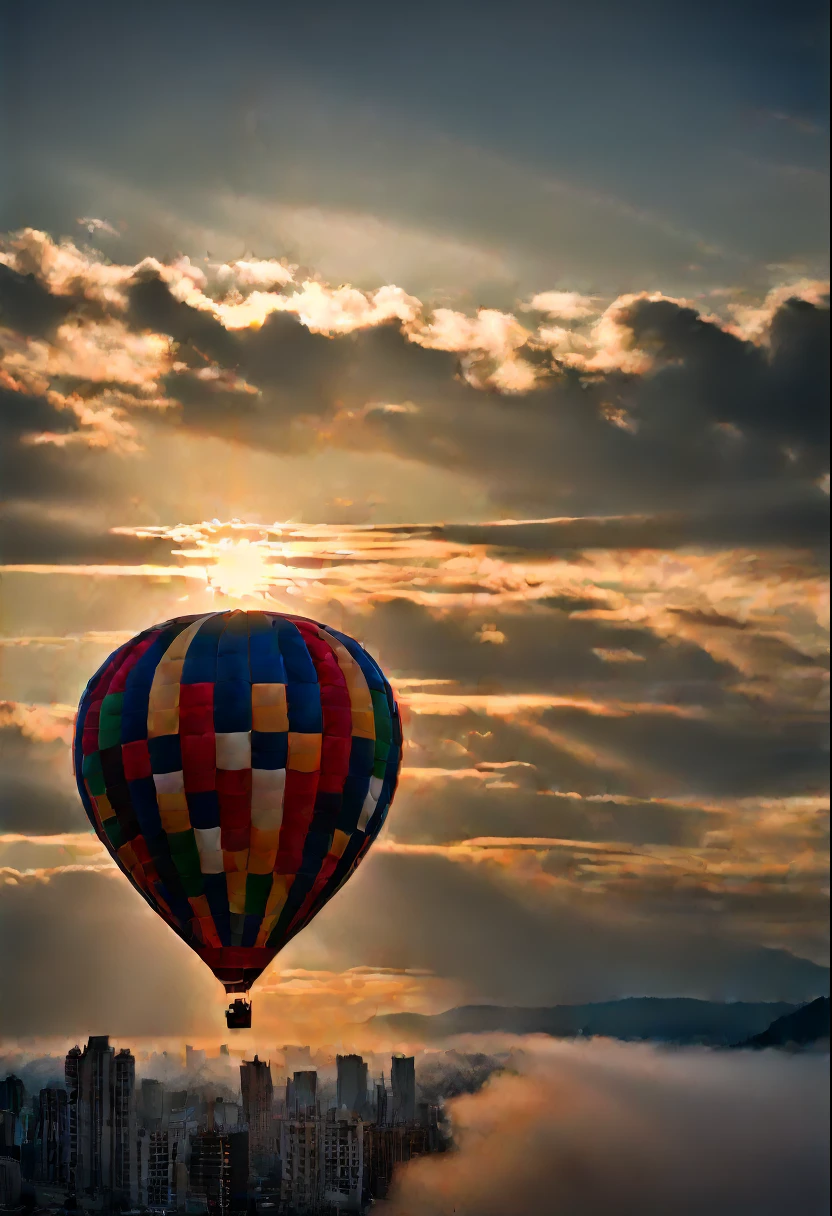 In a brilliant and colorful sky,A huge hot air balloon floats slowly。This hot air balloon look completely inspired by the game world of Super Mario,Decorated with Mario、Luigi、Iconic motifs such as mushrooms and gold coins。The hot air balloon itself comes in a vivid red and blue hue,Presents a vibrant visual effect。Its base adorned with elements of the classic Mario background,Such as grass、Clouds and water pipes。The basket of the hot air balloon made up of blocks from the Mario series,Each square displays a different pattern and color,Creates a pixelated feel。In the cabin of a hot air balloon,There a transparent dome,Passengers are able to enjoy a stunning 360-degree view。There also a small roof on top of the dome,The shape resembles a mushroom,It's like jumping out of the game world。The roof inlaid with lights in the shape of gold coins,At night,Shimmering with a warm and soft glow。The hot air balloon rises slowly,Drive through a wide blue sky and white clouds。The sun shines on the clouds,A gentle breeze blows the hot air balloon,It gives a feeling of lightness。Cute birds are flying in the surrounding sky,It seems to be captivated by this wonderful sight as well。 in distance,A splendid and colorful city can be seen,The buildings of the city are dotted with motifs from the Super Mario series,Adds a fairytale magic to the whole scene。Pedestrians rush on city streets,Vehicles weave through it,Soft clouds and brightly colored RGB color palettes, (Ghibli-like colors, Cinematic lighting, first person perspective, angle of view, in a panoramic view, Ultra-wide angle, hyper HD, Anatomically correct, Masterpiece, ccurate, Award-Awarded, Best quality)