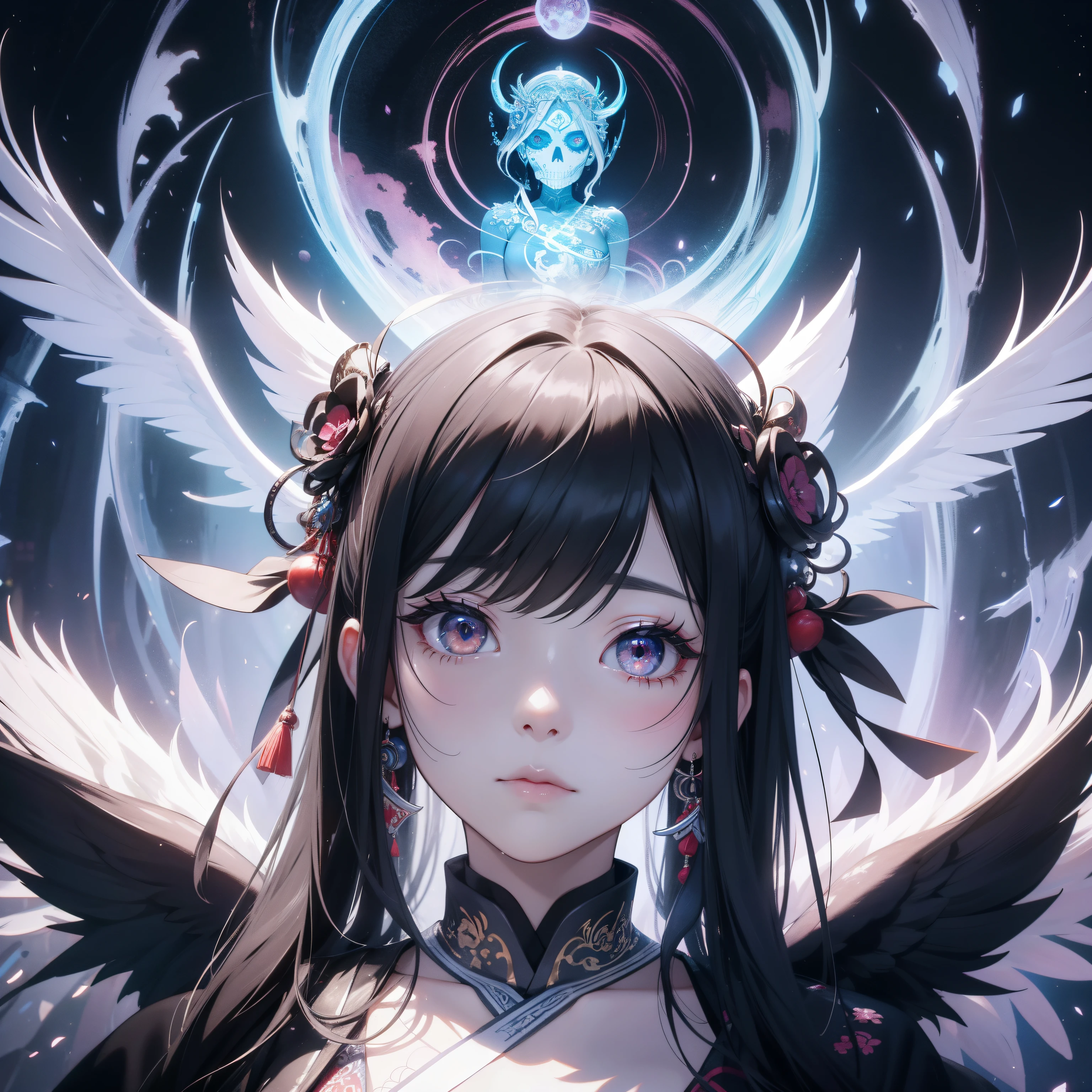 In a different world where mandala murals spread、Beautiful woman in Japanese clothes appeared。She dressed in pure white.、Beautiful contrast between clear white skin and black hair、It was like a swan。 however、As if to overshadow its beauty、There was a skull element on part of her face。On her right cheek、It carved with a pattern like the eyes and nose of the skull.、It's an eerie atmosphere。 She showed her profile、His eyes seemed to look far away.。In its expression、Melancholy and sadness ooze.、I was made to feel the inner world of her strong will。 In the background、There are geometric patterns like mandala paintings and Buddhist symbols.、A mysterious space spreads out。 This art eauty and creepiness、And it expresses a mysterious worldview that fuses mystique............。Opening the door to another world that cannot be touched、You will be able to feel the mystery of the world。Strong elements of aging science fiction。Colorful and horror。profile。Detailed and meticulously drawn。3D Art。android。Like the hero of an adventure。disaster々Or。Be pure。More three-dimensional。Elements of total。Triumphant。The tattoo。Sad face。Live-action adaptation。Demon of Hell。