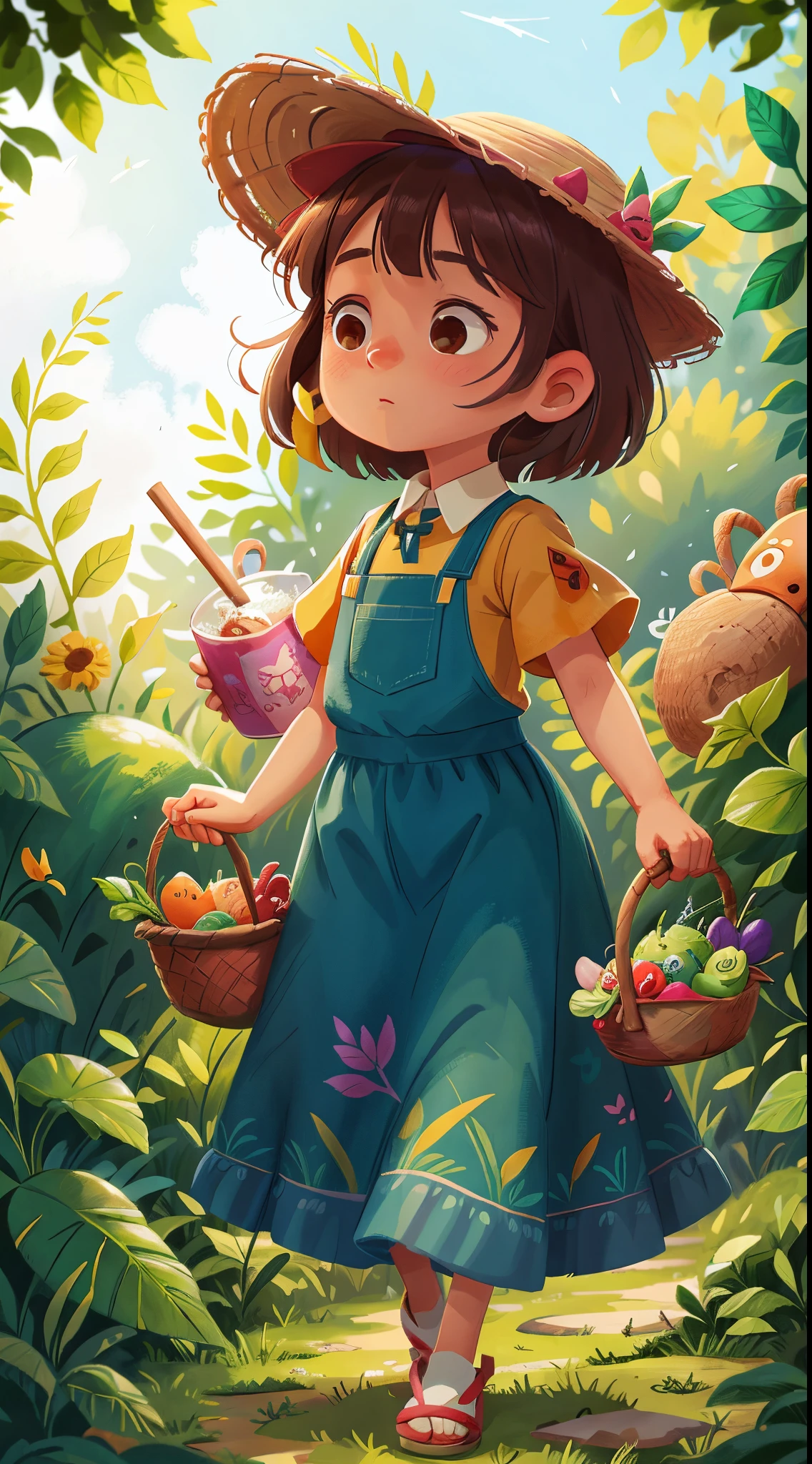 Beautiful cute girl lowers her head，stooped，Tea picking，The basket  filled with tea leaves，With a straw hat，Carrying the back basket，3D, slice, Best quality at best，perfectquality，Clear focus（Clutter - home：0.8）， （tmasterpiece：1.2） （realistically：1.2） （bokeh） （Best quality） （delicate skin：1.3） （Complicated details） （8K） （Delicate and sharp eyeliner）,（Pick carefully）