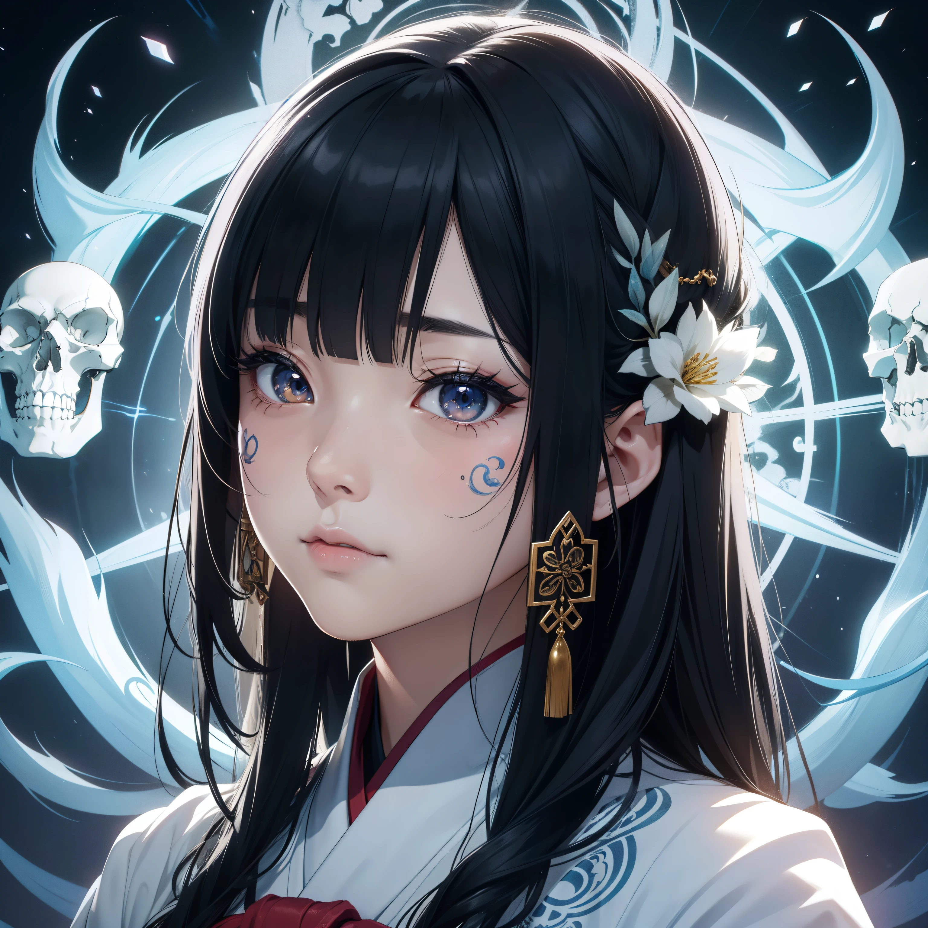In a different world where mandala murals spread、Beautiful woman in Japanese clothes appeared。She dressed in pure white.、Beautiful contrast between clear white skin and black hair、It was like a swan。 however、As if to overshadow its beauty、There was a skull element on part of her face。On her right cheek、It carved with a pattern like the eyes and nose of the skull.、It's an eerie atmosphere。 She showed her profile、His eyes seemed to look far away.。In its expression、Melancholy and sadness ooze.、I was made to feel the inner world of her strong will。 In the background、There are geometric patterns like mandala paintings and Buddhist symbols.、A mysterious space spreads out。 This art eauty and creepiness、And it expresses a mysterious worldview that fuses mystique............。Opening the door to another world that cannot be touched、You will be able to feel the mystery of the world。Strong elements of aging science fiction。Colorful and horror。profile。Detailed and meticulously drawn。3D Art。android。Like the hero of an adventure。disaster々Or。Be pure。More three-dimensional。Elements of total。Triumphant。The tattoo。Sad face。Live-action adaptation。Demon of Hell。